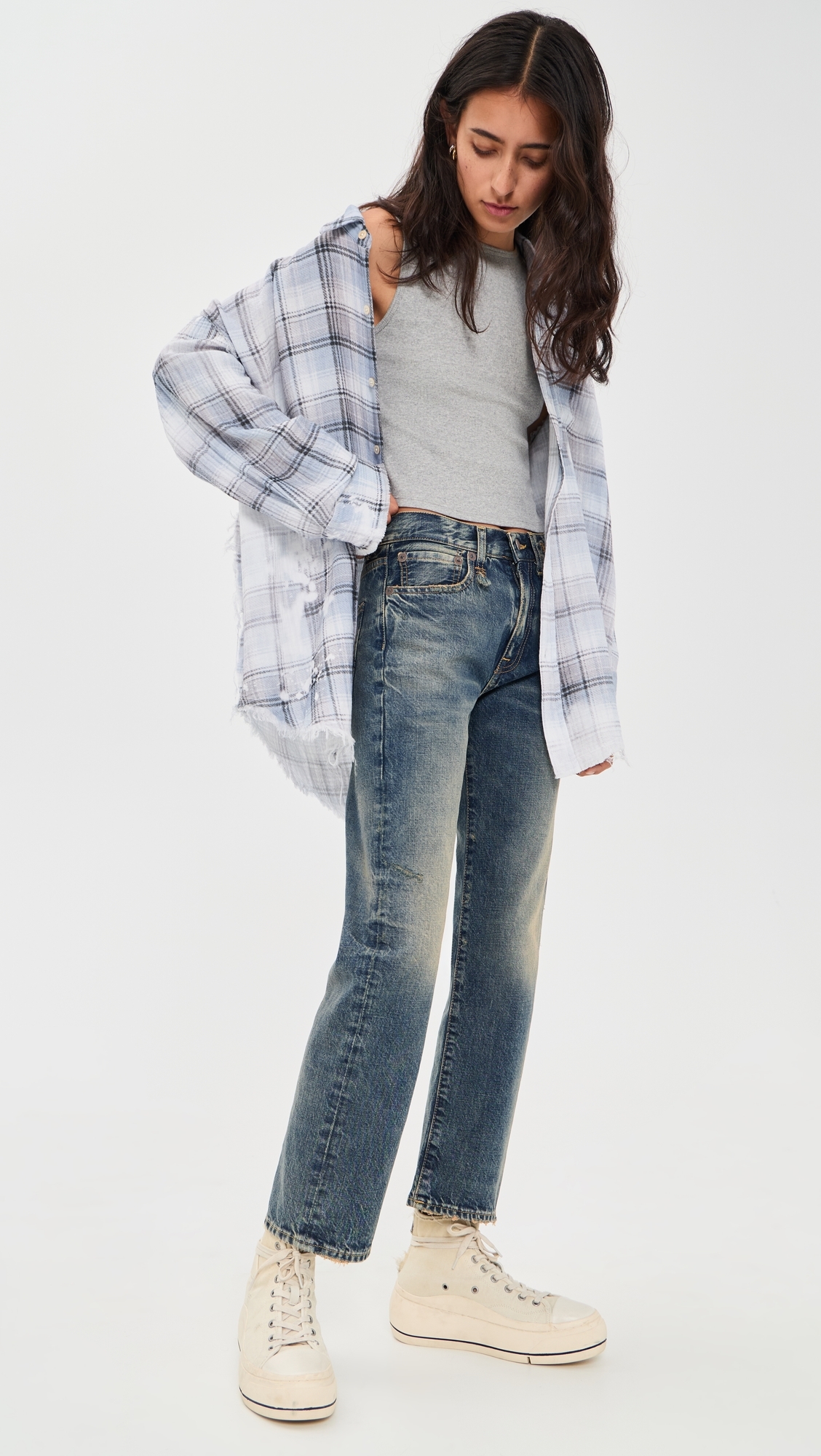 Shredded Seam Button Down Shirt Blue Bleached Plaid