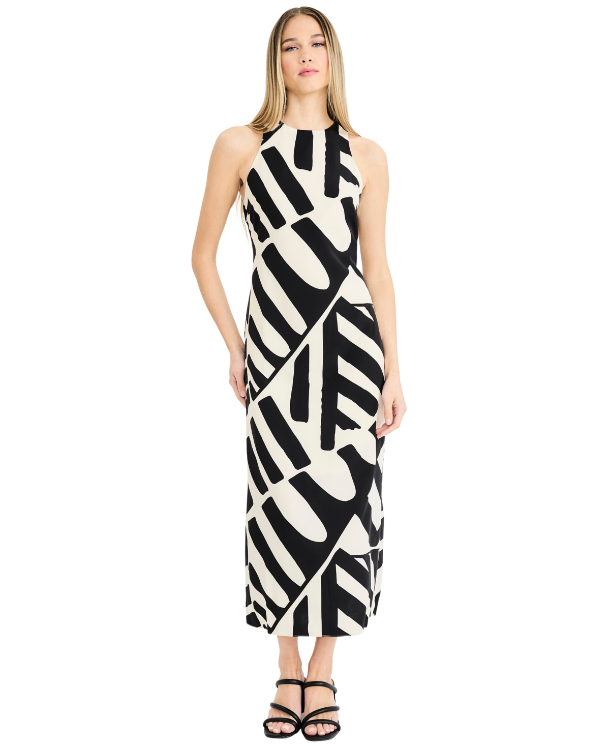Women's Printed Halter Neck Midi Dress - Cream/Black