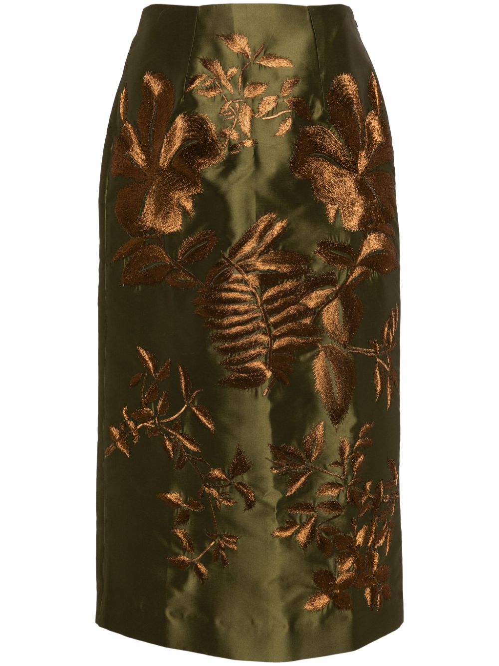 Floral-embroidered satin midi skirt - Green