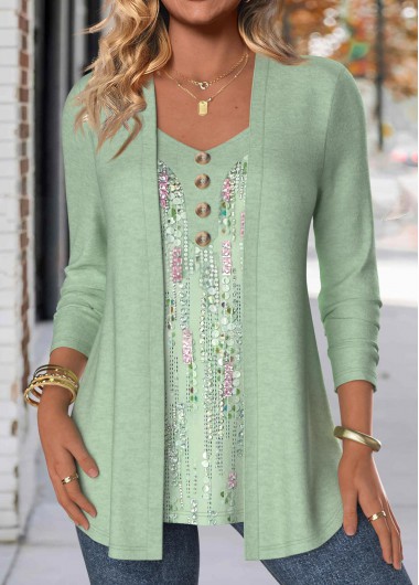 Modlily Light Green Button Geometric Print Fake Two Piece Twinset