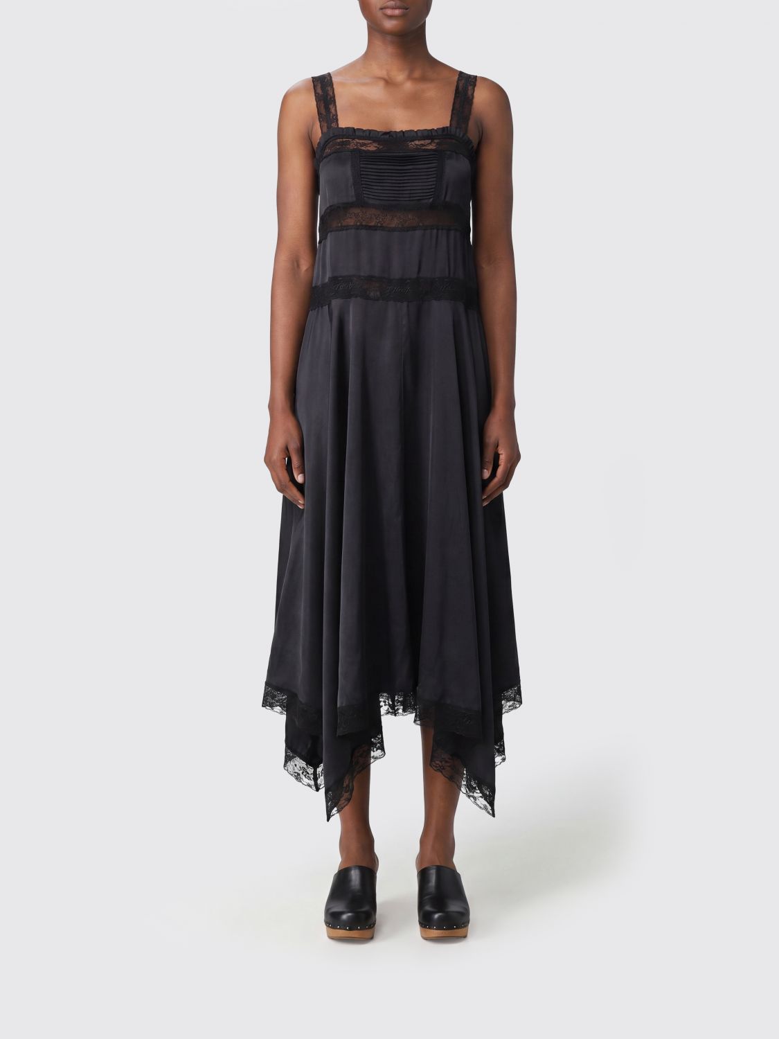 Asymmetric Silk Midi Dress with Lace Inserts