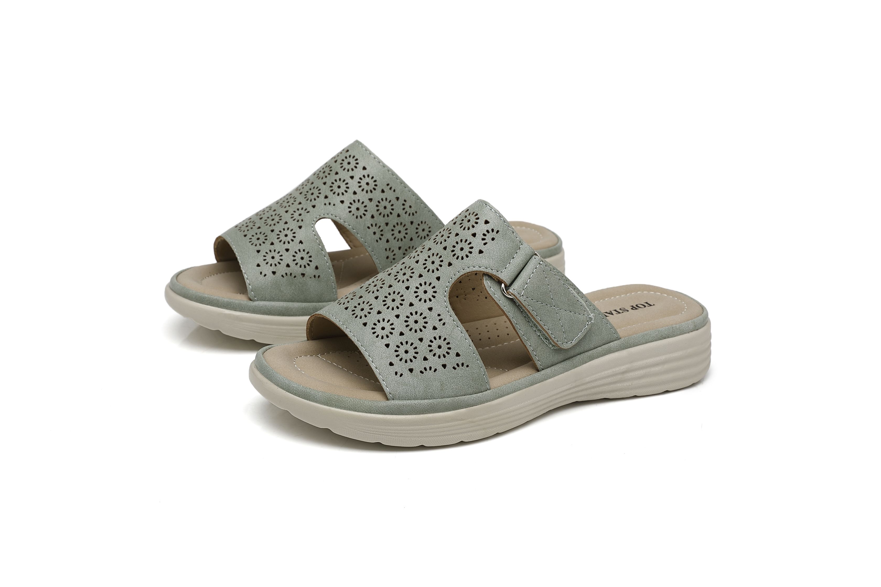 IVACHY Women's Bohemian Style Perforated Lightweight Mule Slippers Slide Sandals in Green