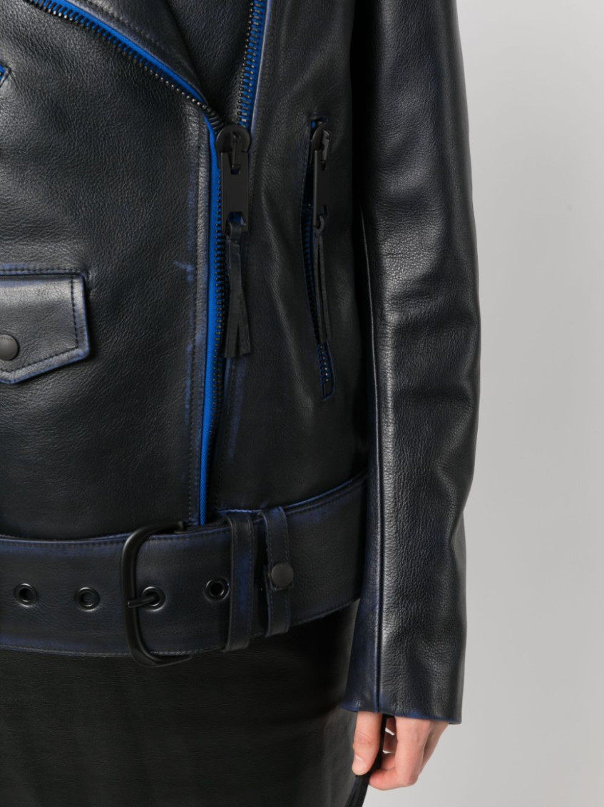 Contrast-trim leather jacket - COBALT BLUE WHITE