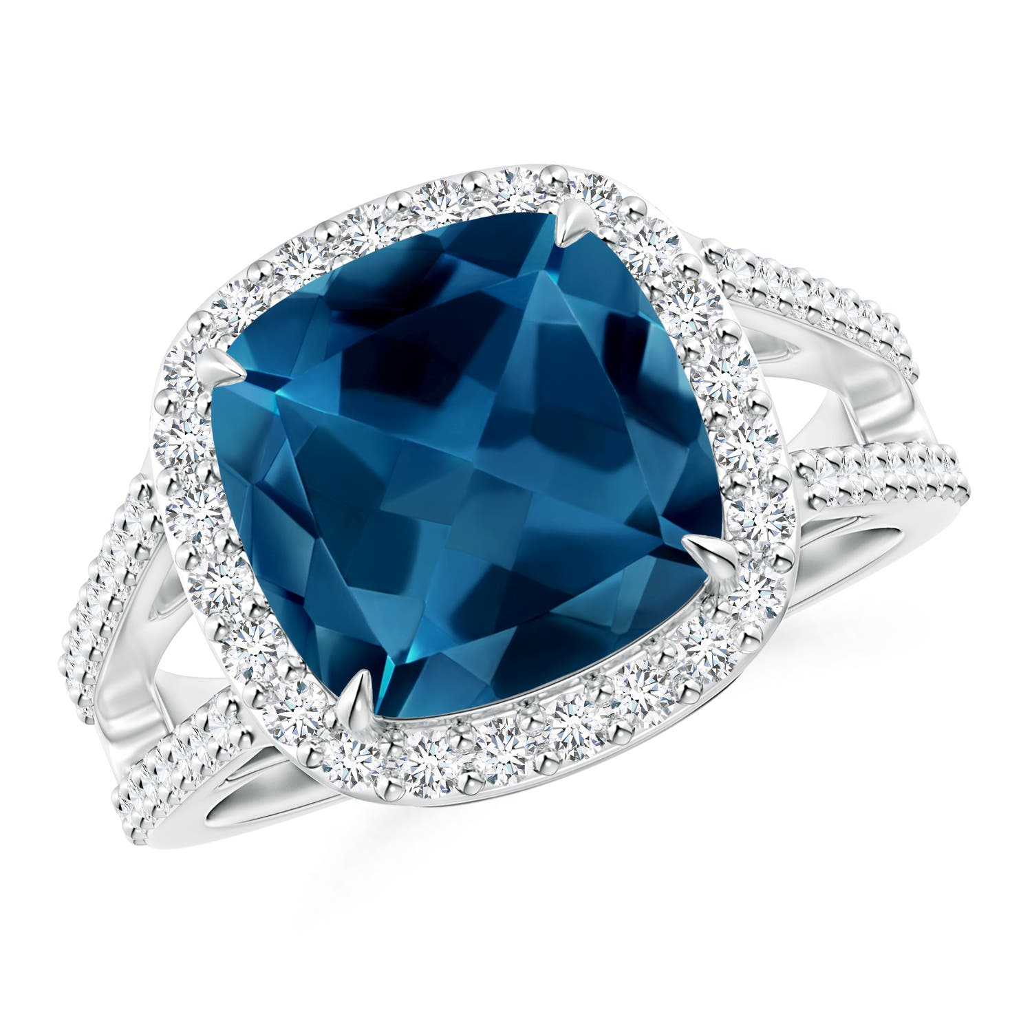 Angara 5.15 Carats Cushion London Blue Topaz Split Shank Ring with Diamond Halo in Platinum