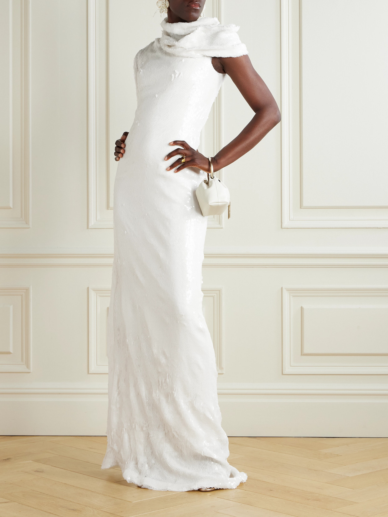One-shoulder Cape-effect Draped Sequined Silk-blend Gown - Off-white