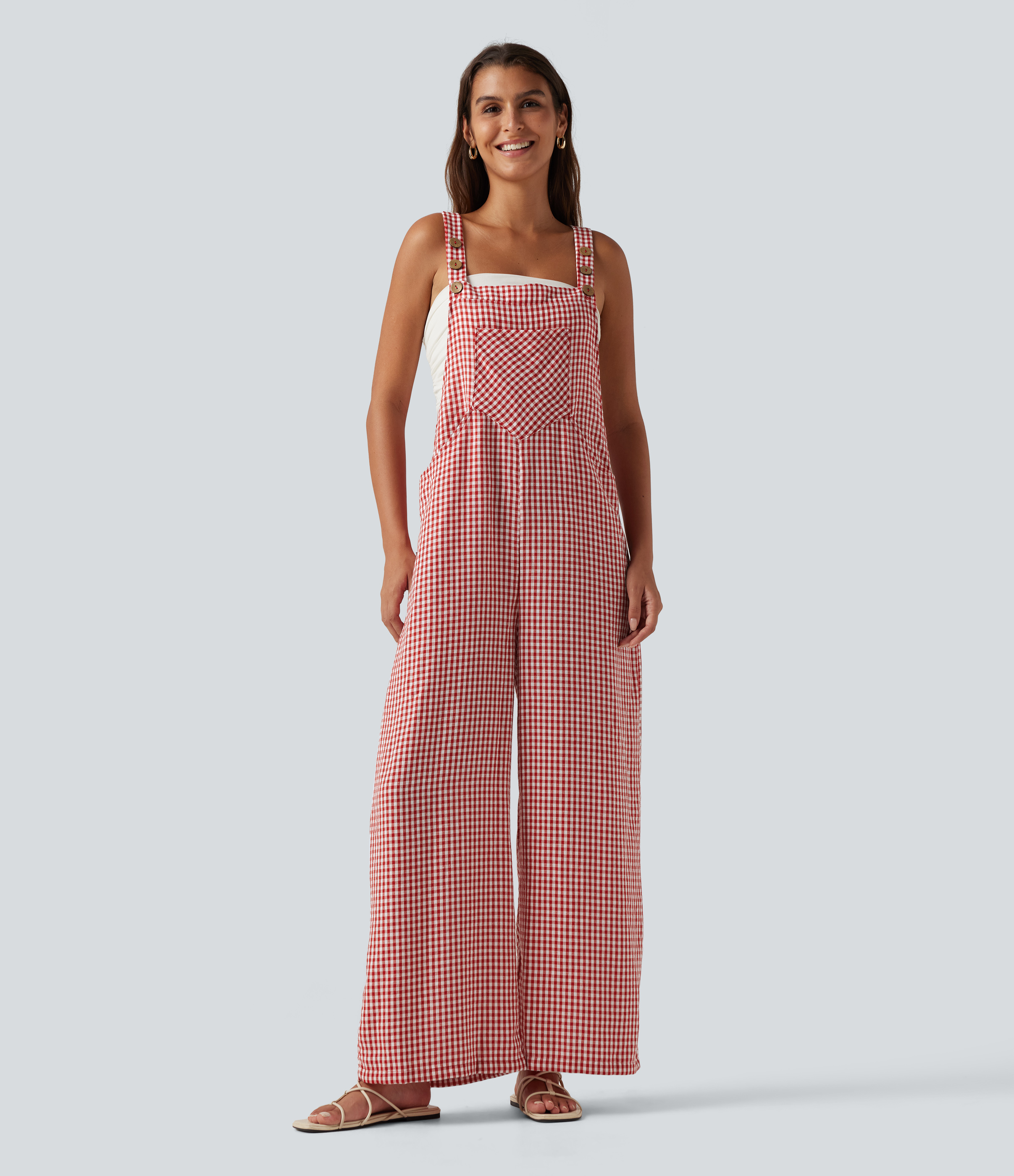 Plaid Casual Linen-Feel Overalls with Pockets  - Cherry Gingham