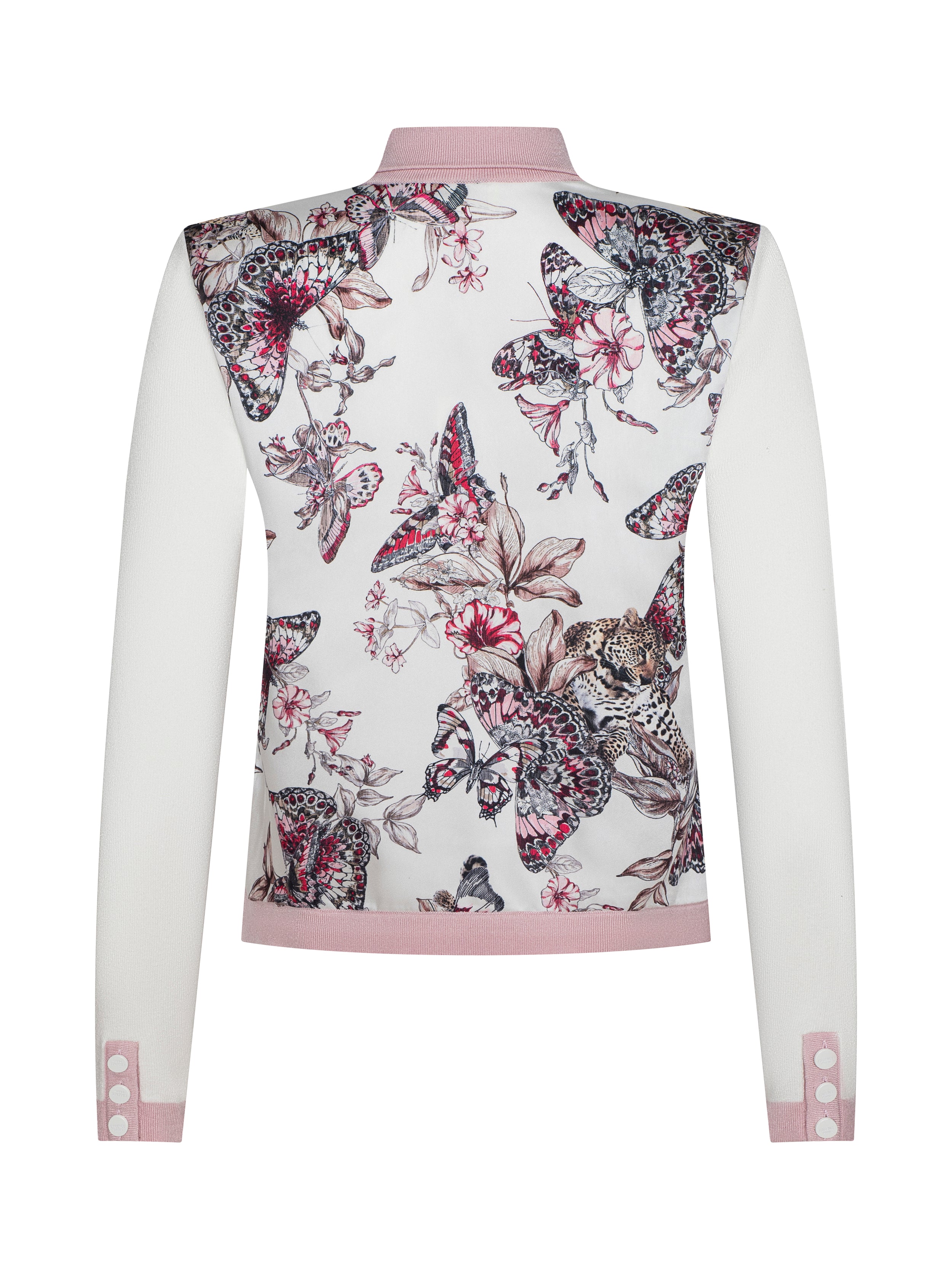 Nomi Satin Back Cardigan In Ivory/pink/multi Butterfly Jungle