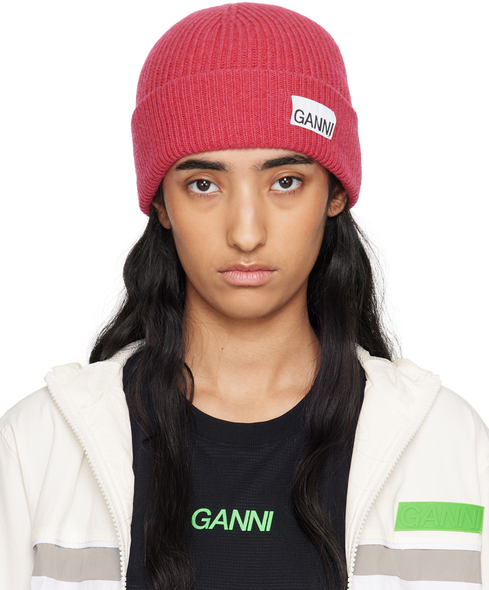 GANNI Pink Fitted Wool Rib Knit Beanie