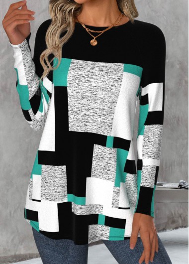 Modlily Multi Color Patchwork Geometric Print Long Sleeve T Shirt