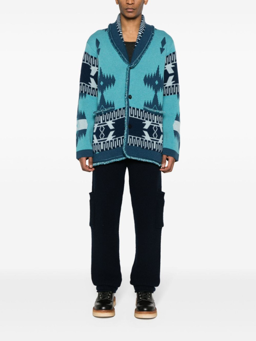 Icon Pattern Jacquard Fringed Detailed Cardigan