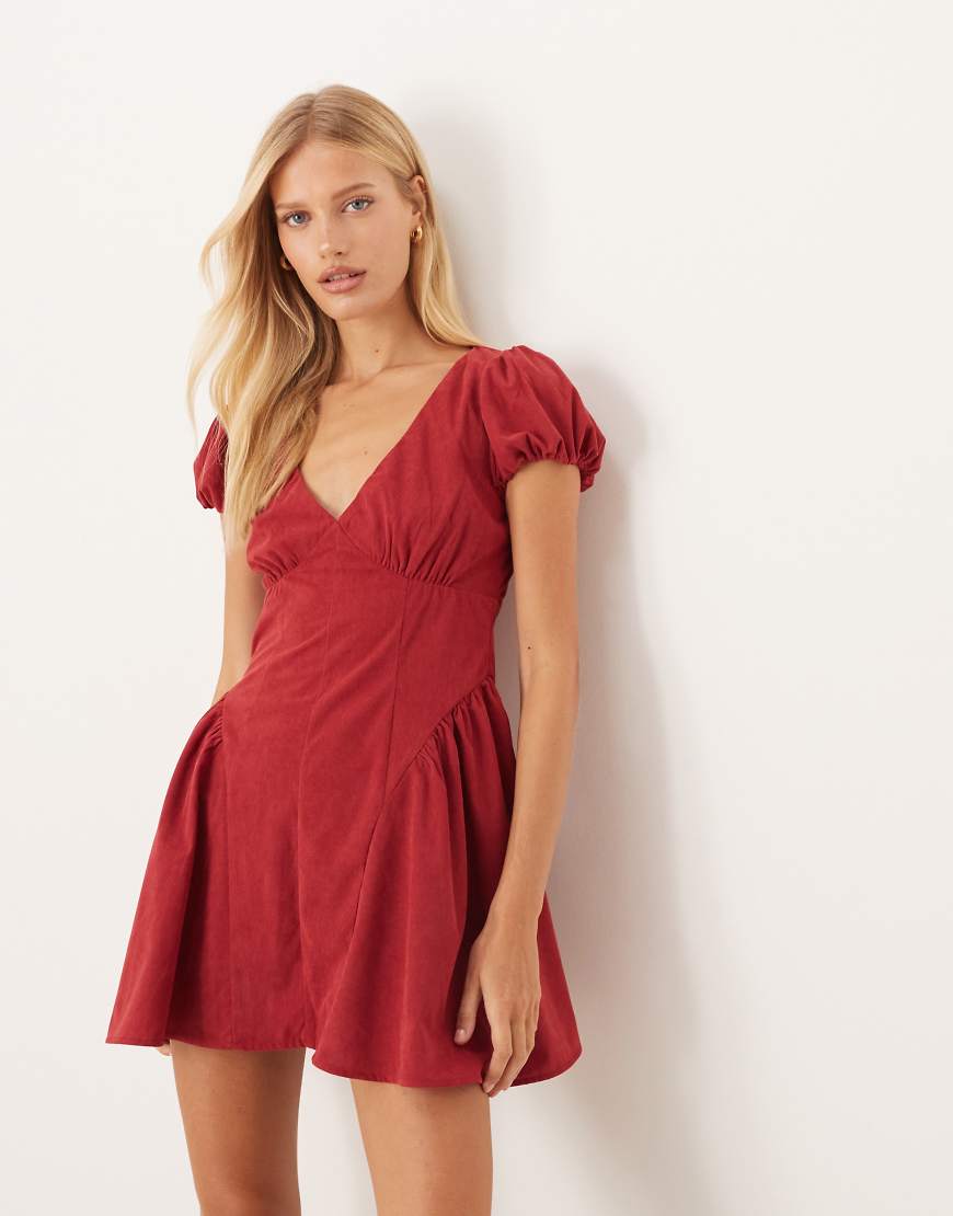 Cord corset waist mini dress with puff sleeve in cherry red