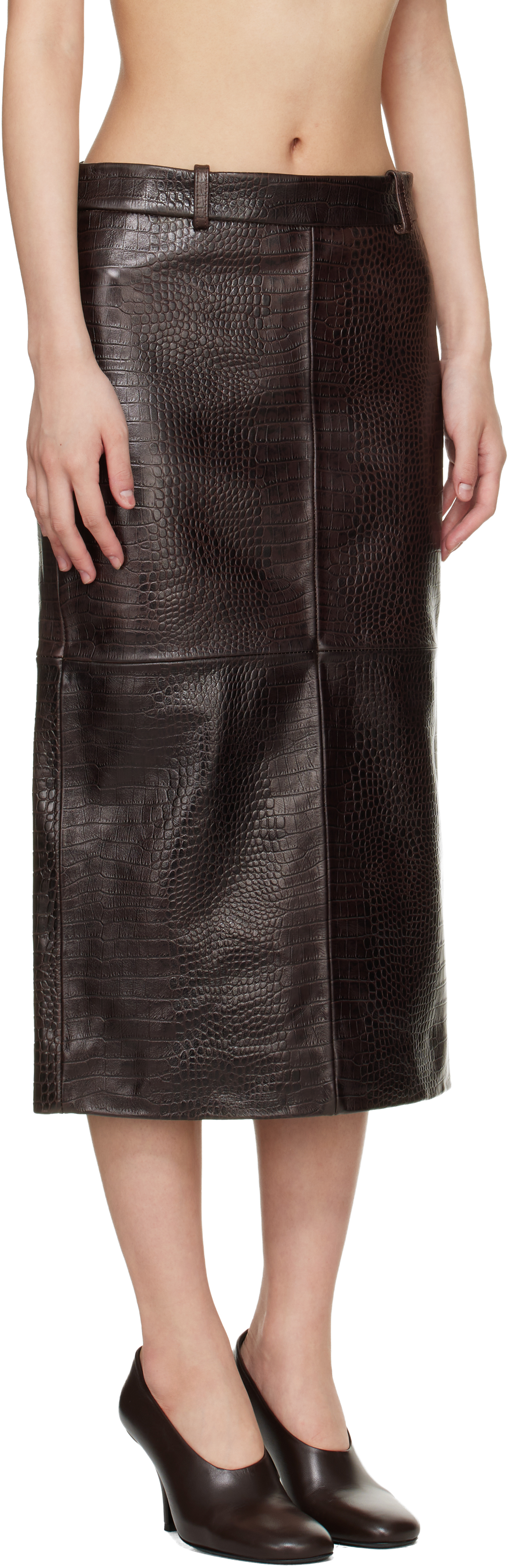 Brown Taney Pencil Croc Leather Midi Skirt