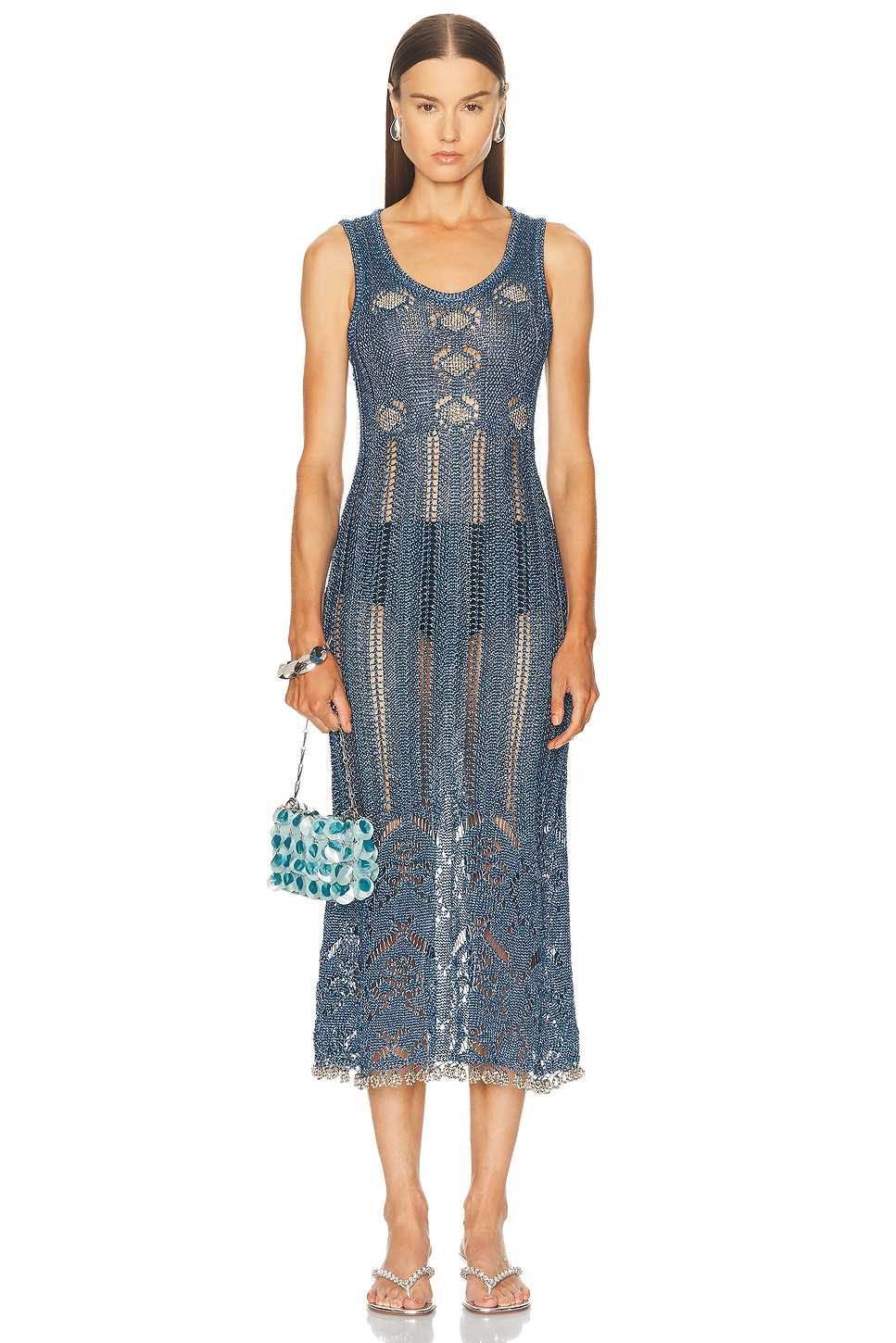 RABANNE Crochet Lurex Dress in Turquoise - Blue.  XS also in L, M