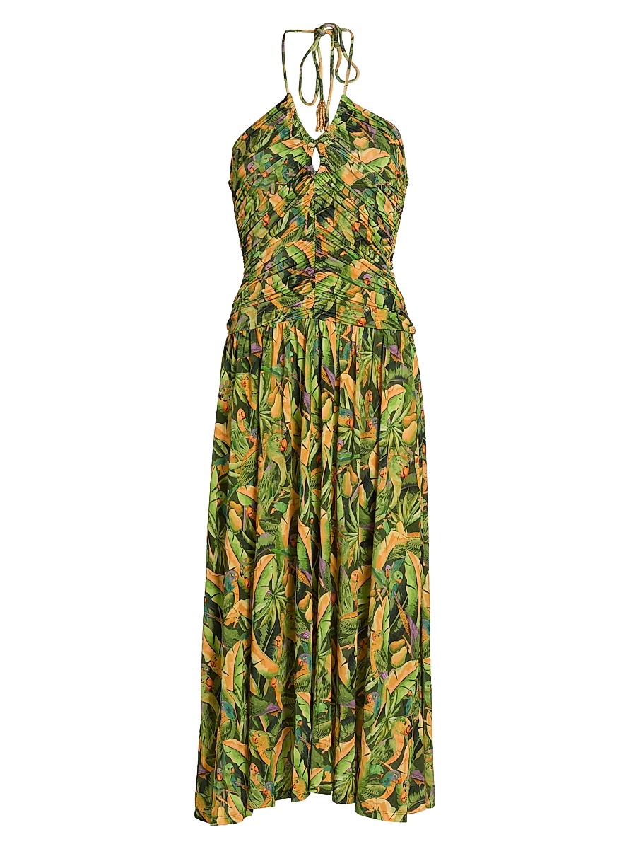 Women's Parrot-Print Ruched Midi Dress - Green