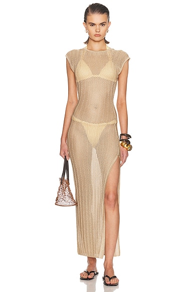 La Porte Nell Dress in Metallic Gold. XL. Also in XS