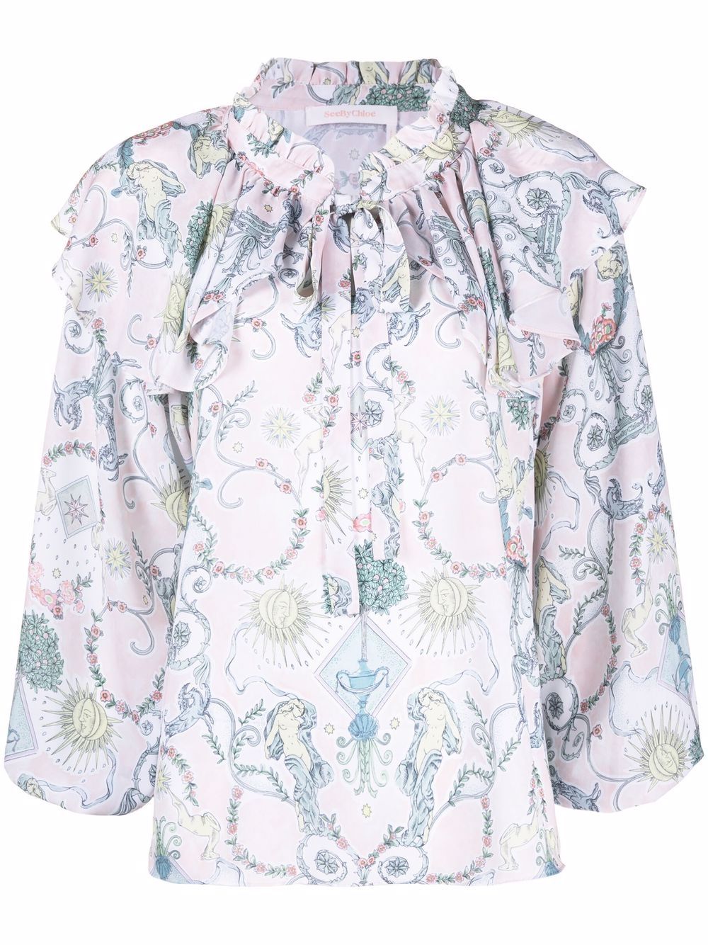 Baroque-print ruffled blouse - Pink
