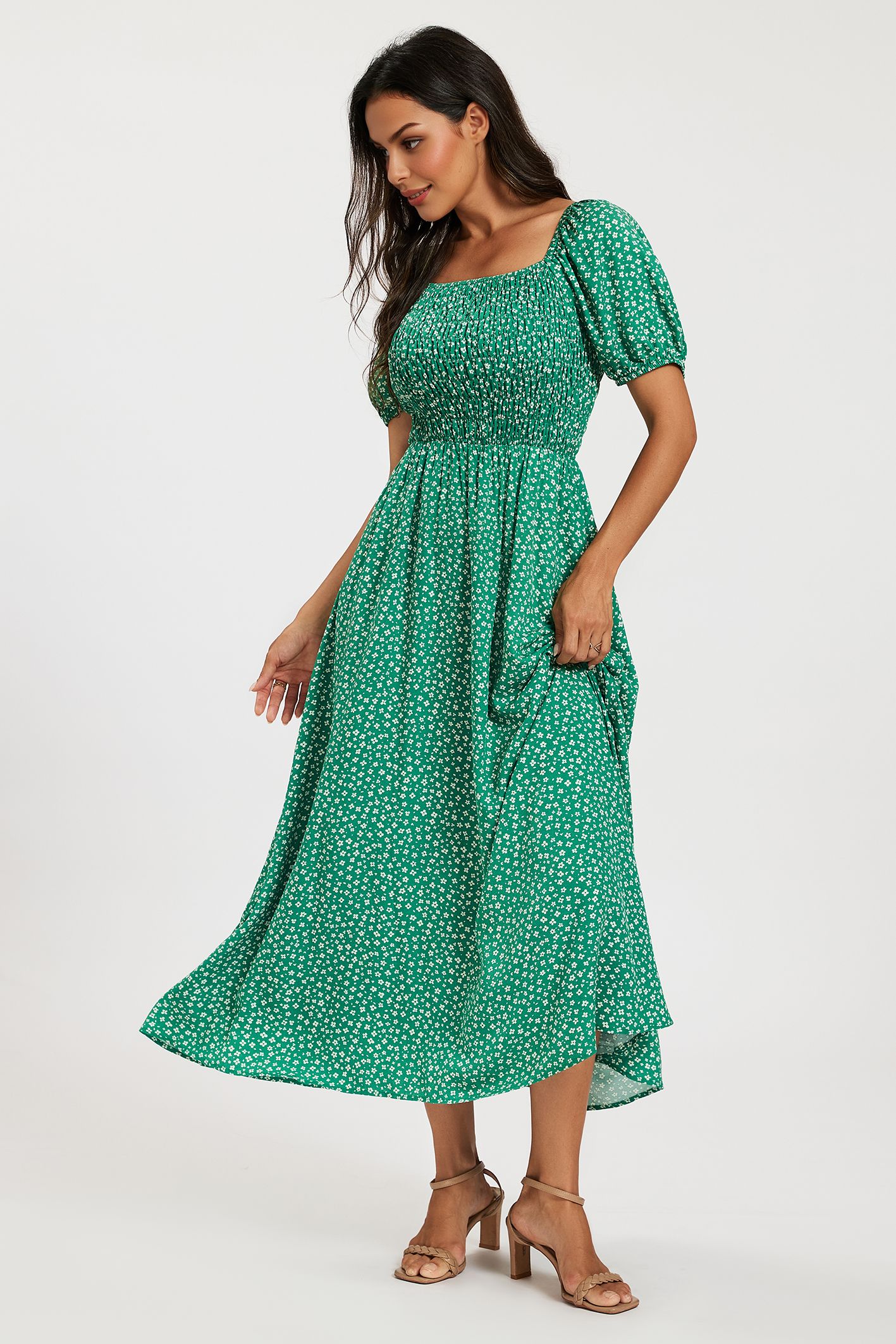 FS Collection Women's Floral Shirred Square Neck Midi Dress with Puff Sleeves in Green | : Mediu