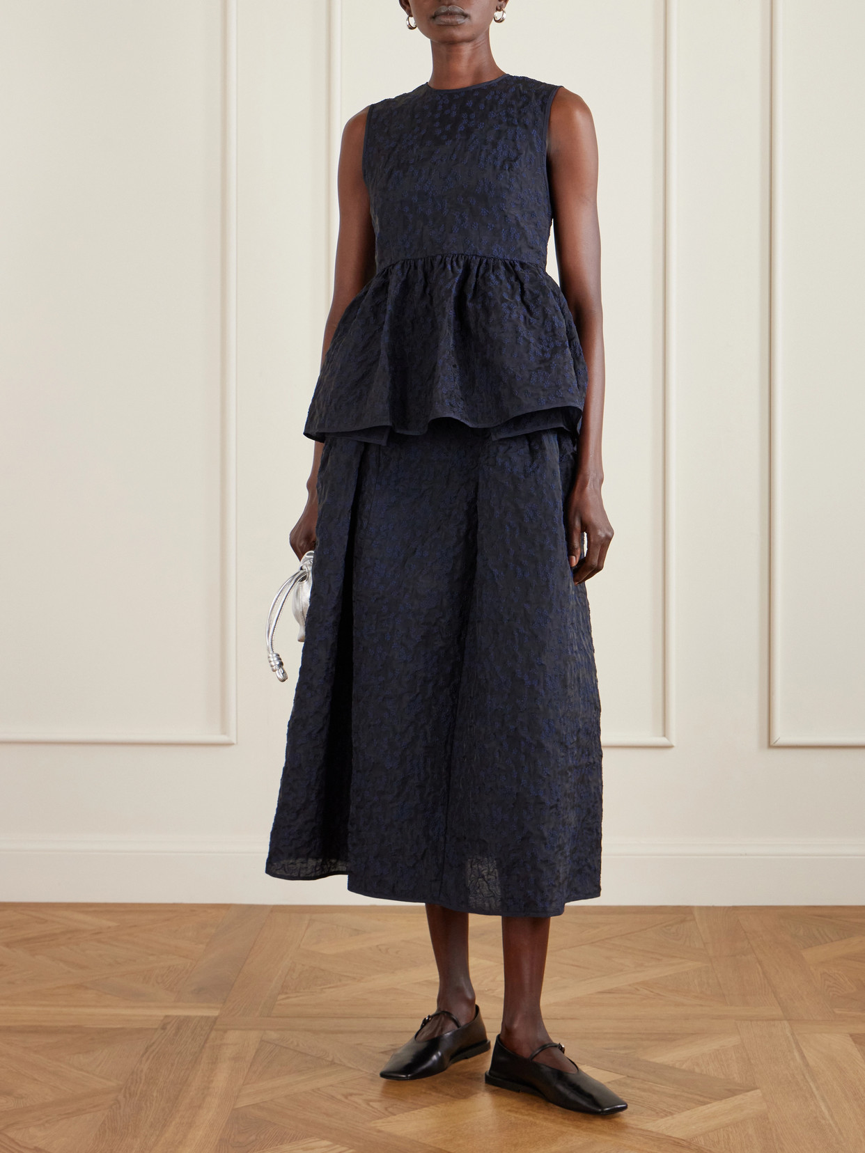 Fabiola Embroidered Cotton-blend Cloqué Midi Skirt - Blue