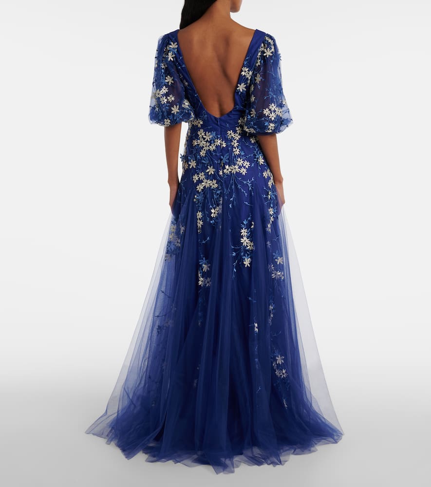 Floral-appliqué tulle gown