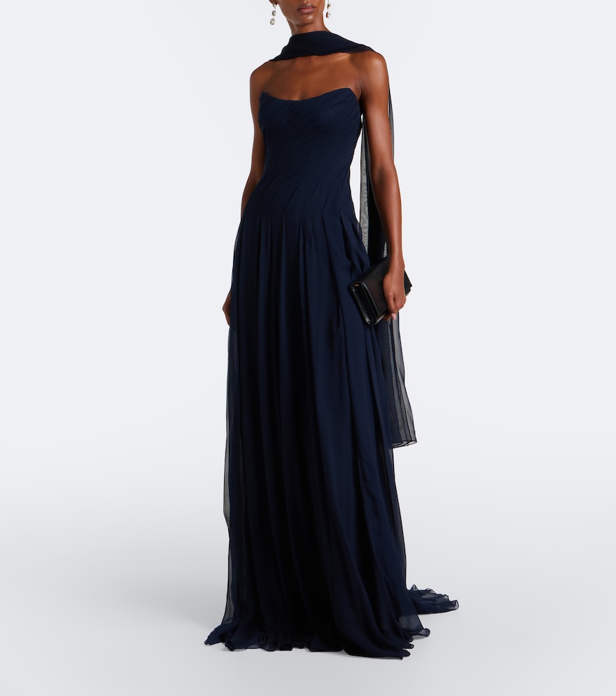 Scarf-detail draped silk bustier gown