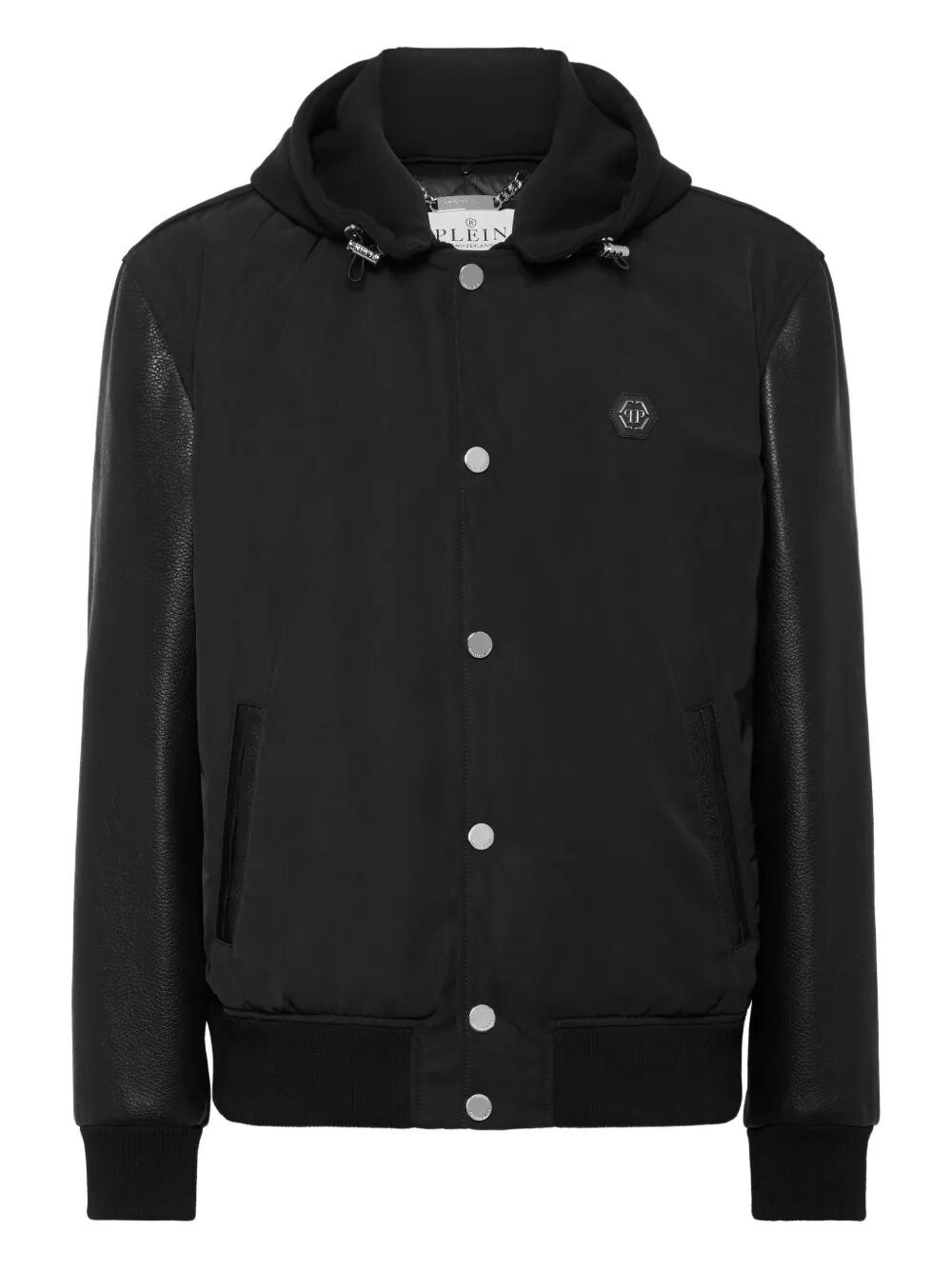 Nylon And Leather Varsity Bomber Hooded Jacket