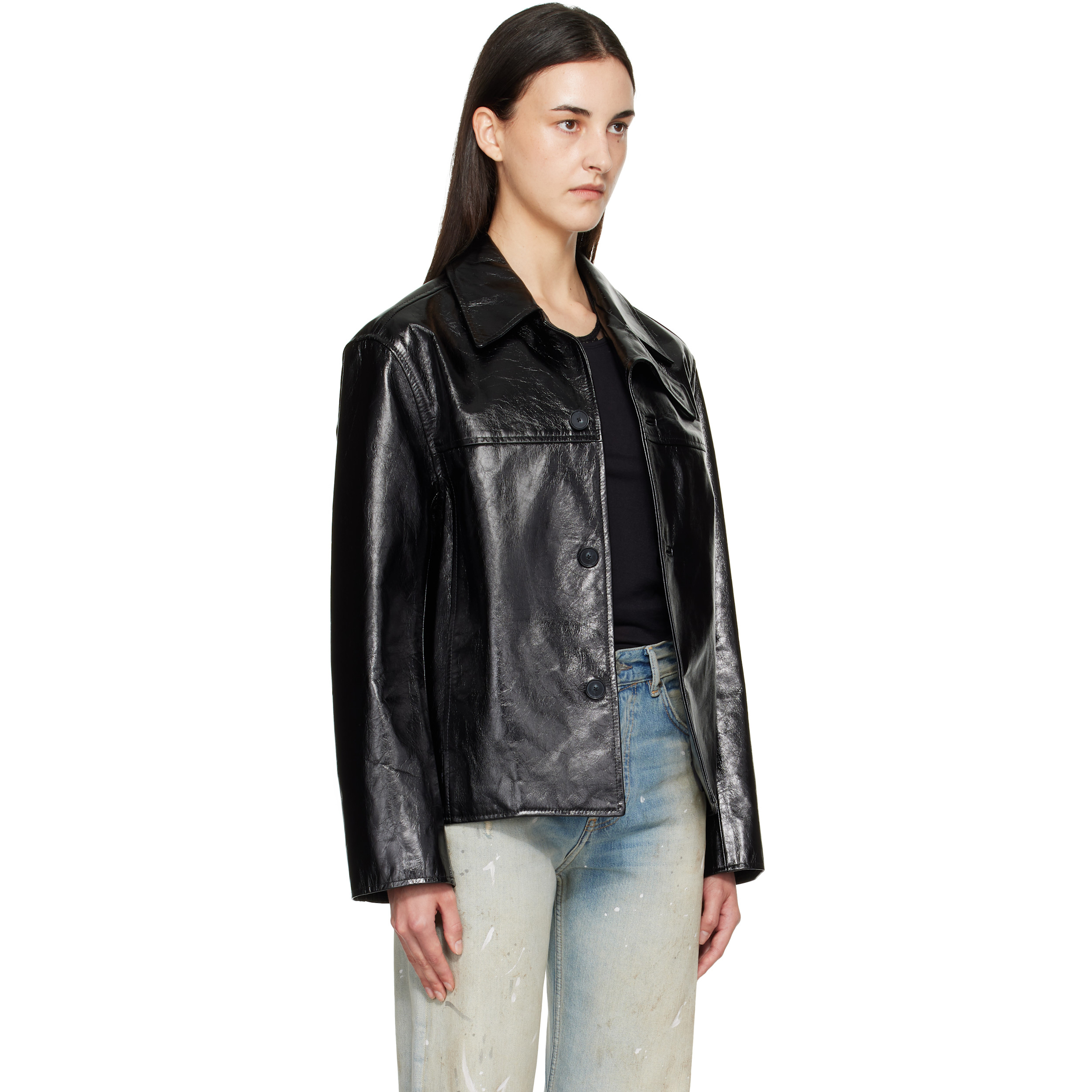Black Curve Flap Leather Jacket