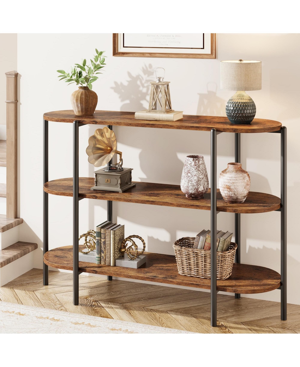"47.2"" Inch Console Table, 3 Tier Industrial Metal Sofa Table - Brown"