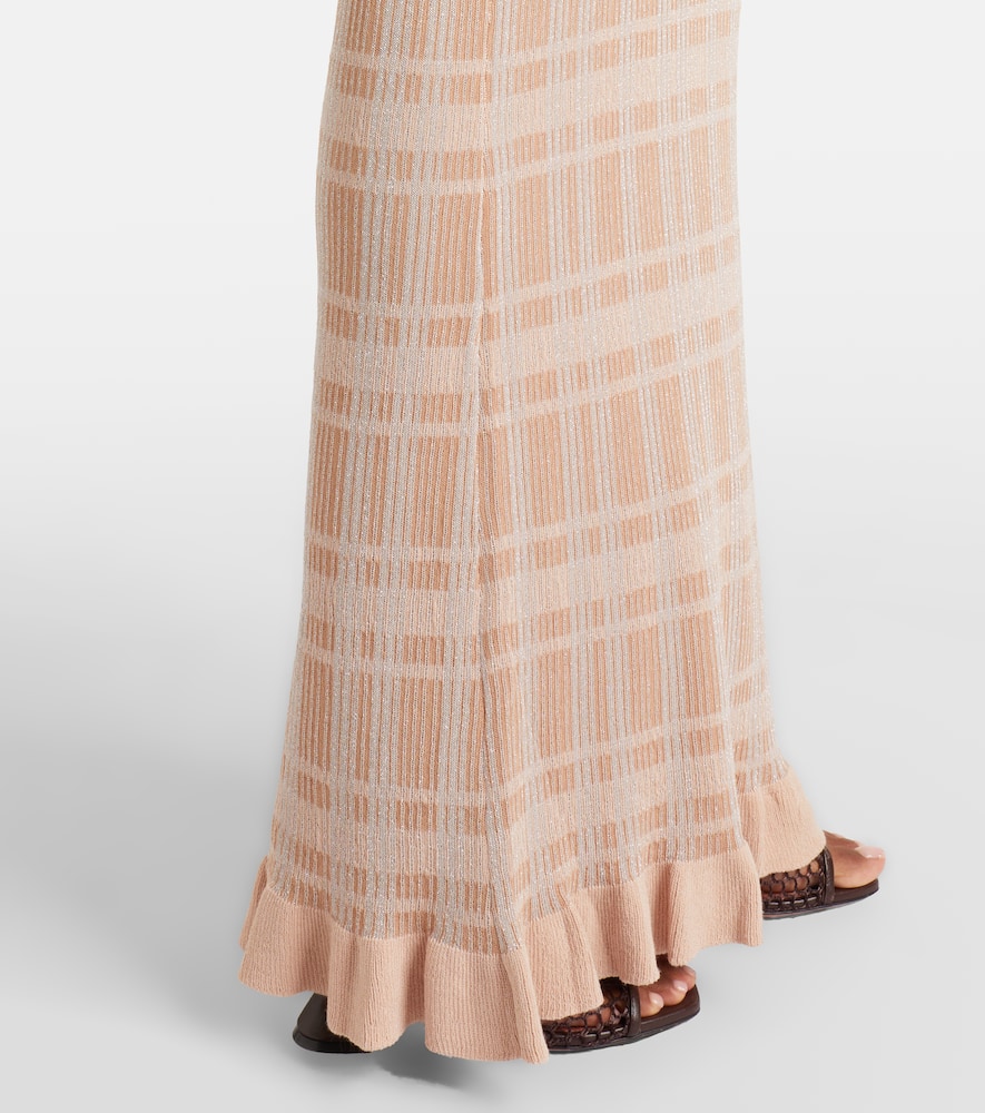 Ether checked ribbed-knit ruffled maxi dress