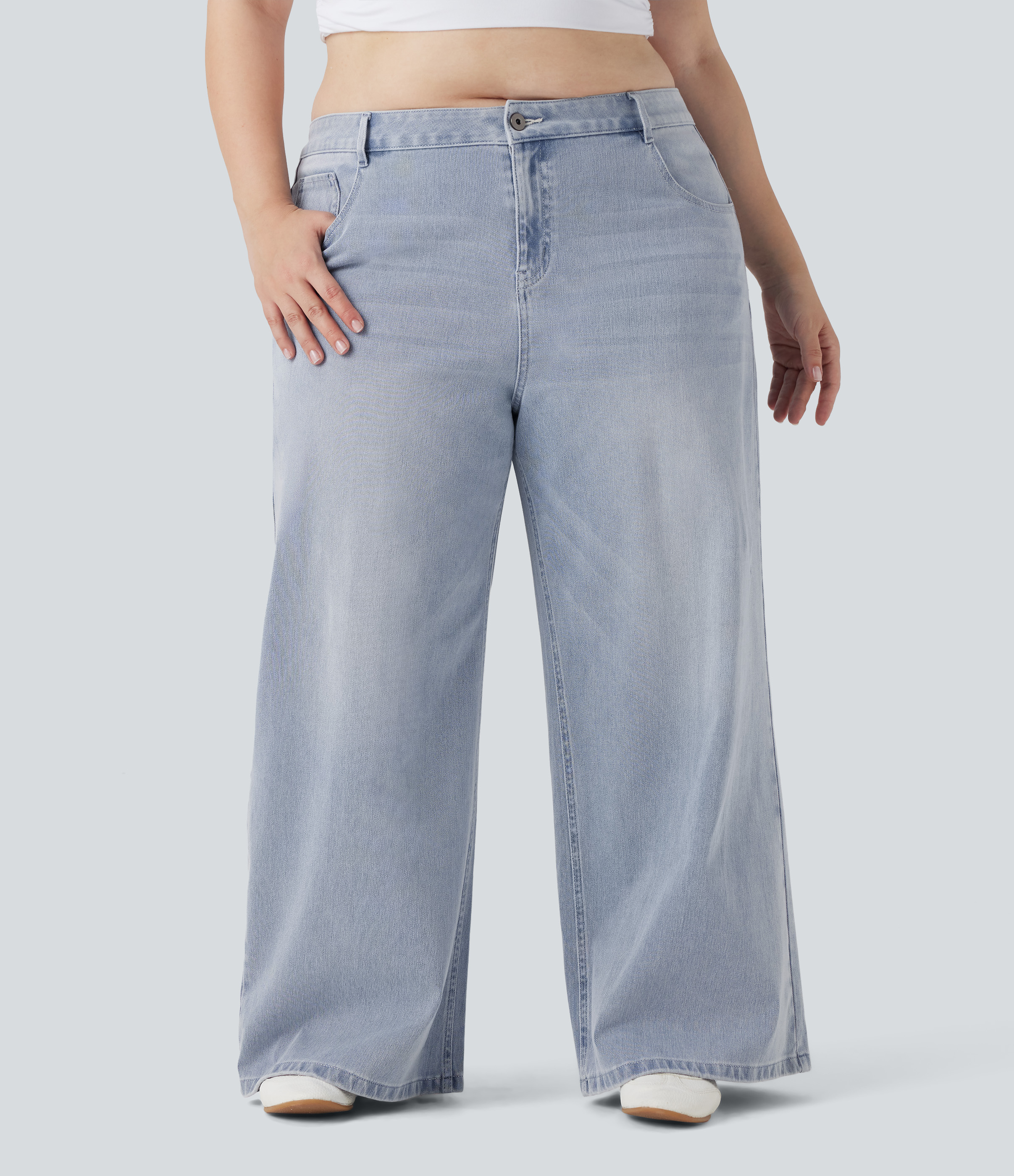 Plus Size Flex™ Low Rise Wide Leg Washed Casual Jeans with Pockets  - Light Azure Denim