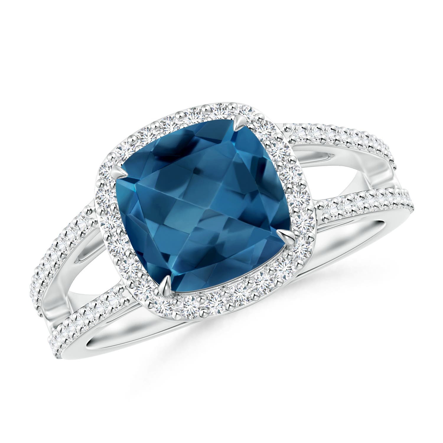 Angara 2.5 Carats Cushion London Blue Topaz Split Shank Ring with Diamond Halo in Platinum