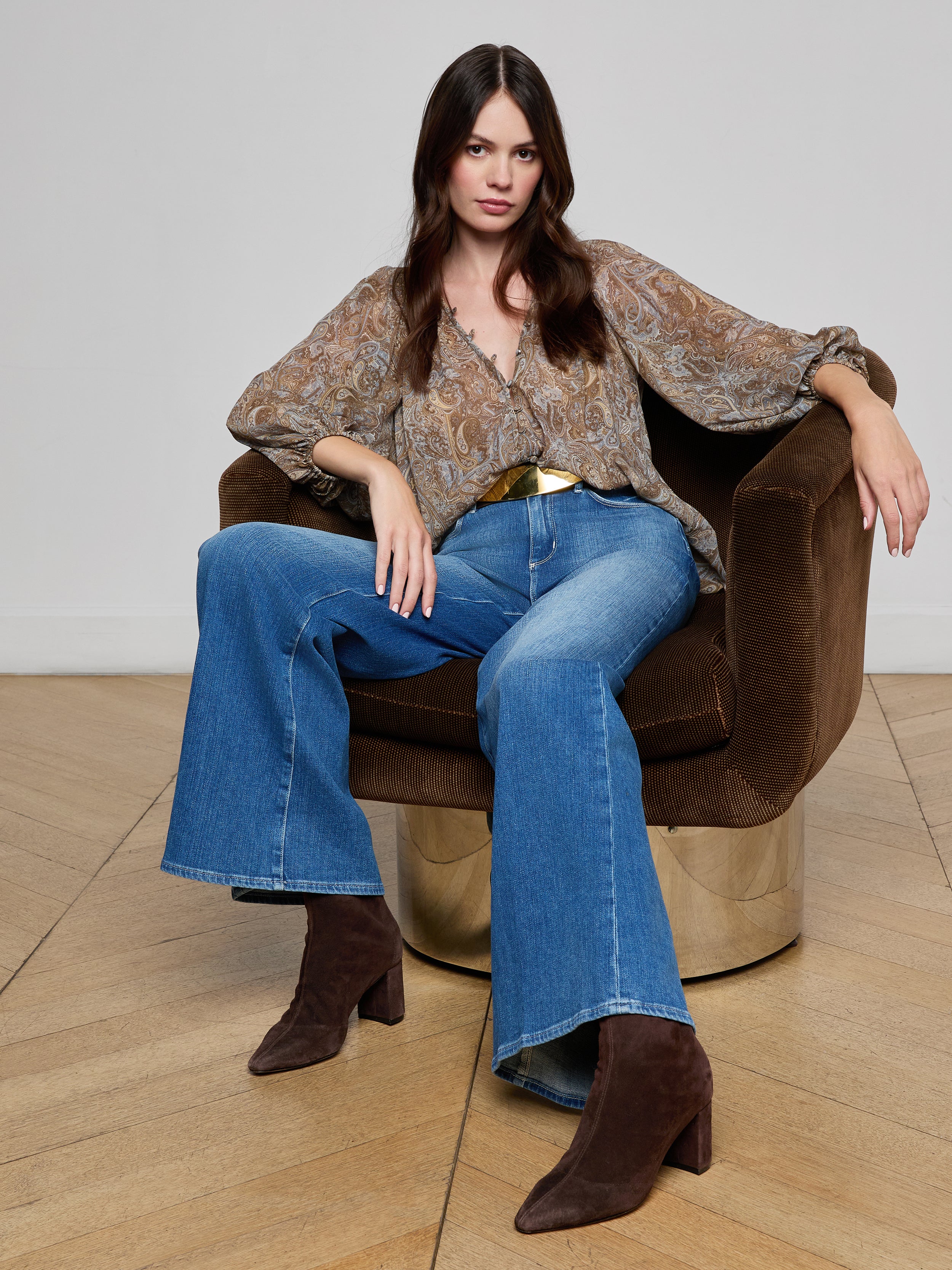 Teagan Blouse Top In Neutral/blue Ditsy Paisley