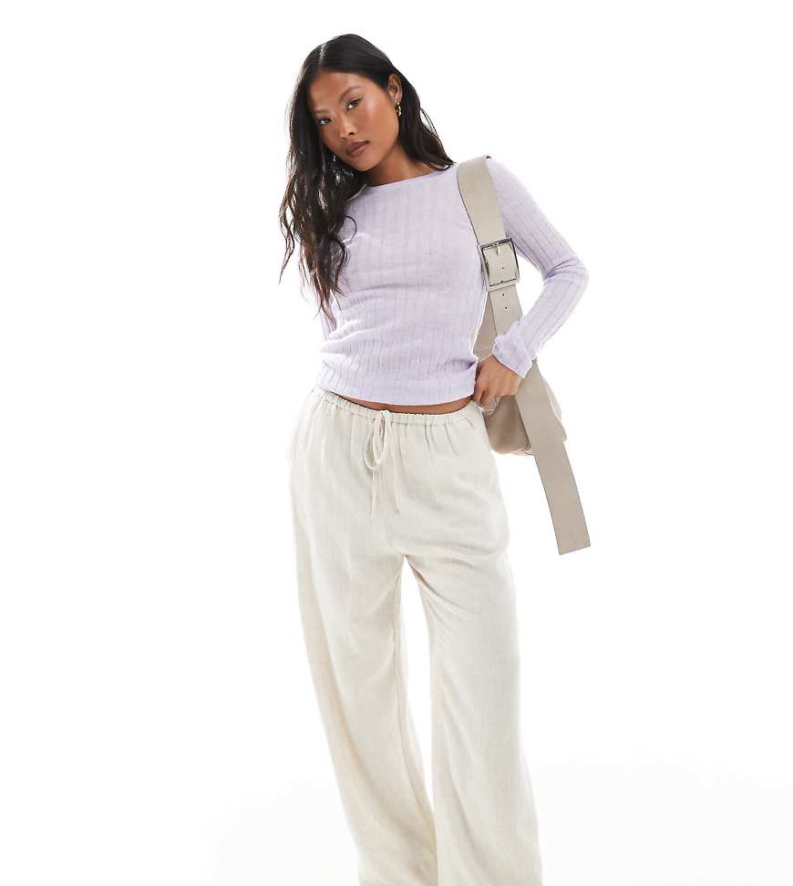 Miss Selfridge Petite linen blend drawstring waist wide leg pants in stone-Blue