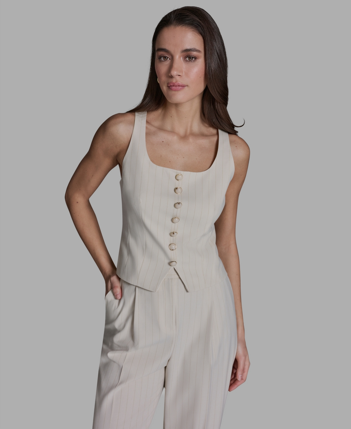Women's Pinstripe Button-Front Vest - Lt Citron Zest Multi