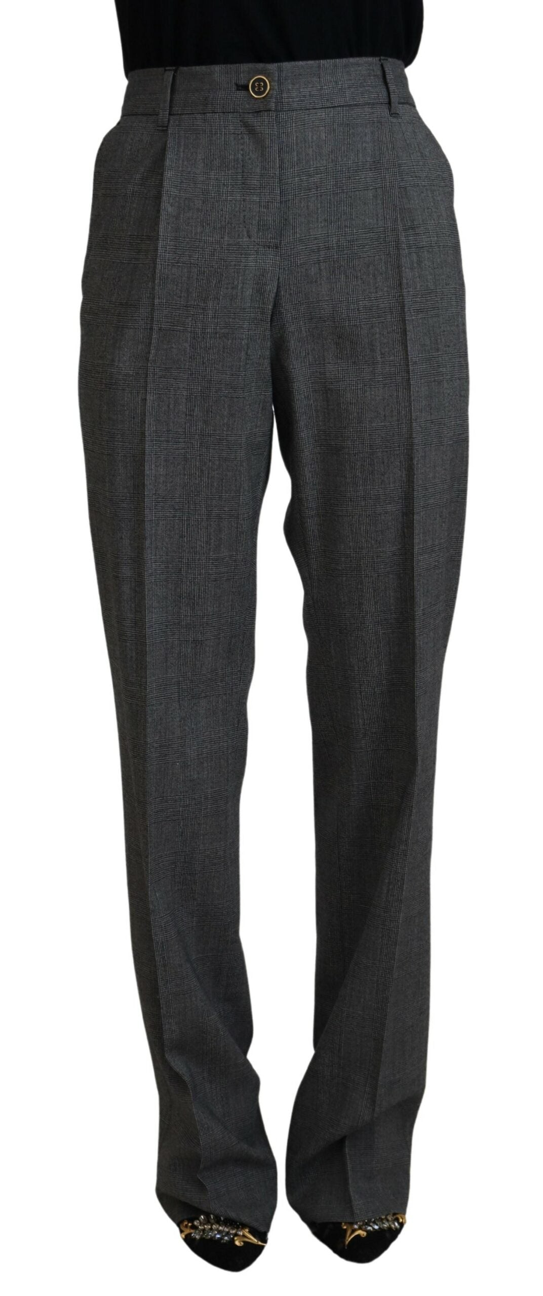 Wool Plaid High-Waist Trousers — Gray