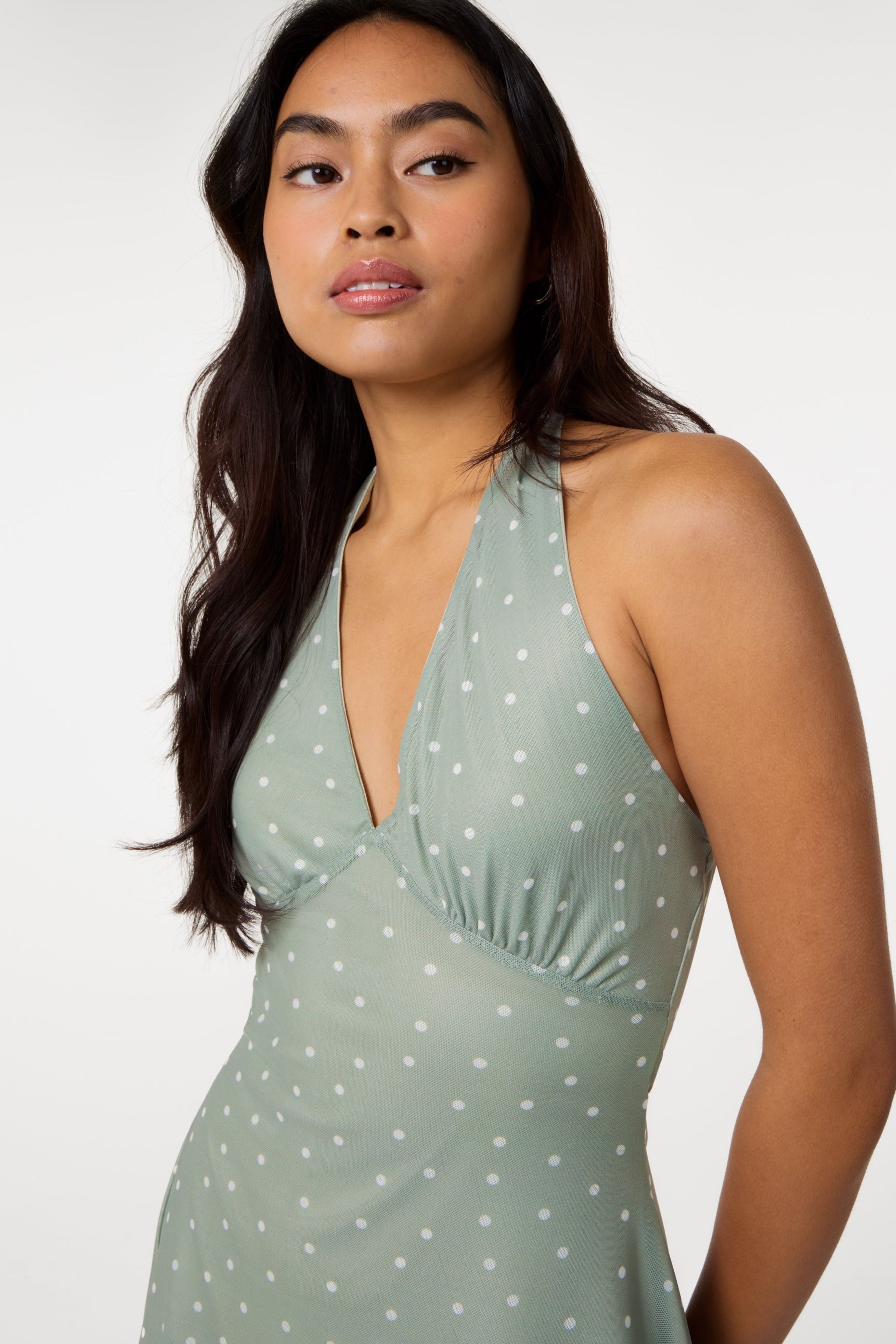 Pink Vanilla Women's Pale Green Halter Mini Dress In Polka Dot | : Large