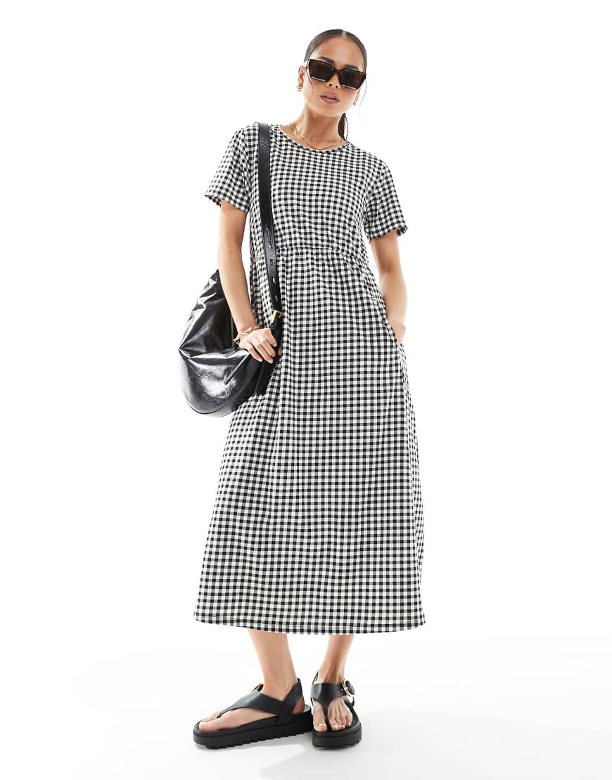 Threadbare short sleeve jersey midi dress with pockets in black and white gingham-Multi