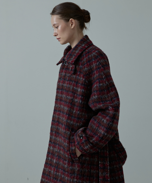 Dros Wool Check Belted Balmacaan Coat_RED