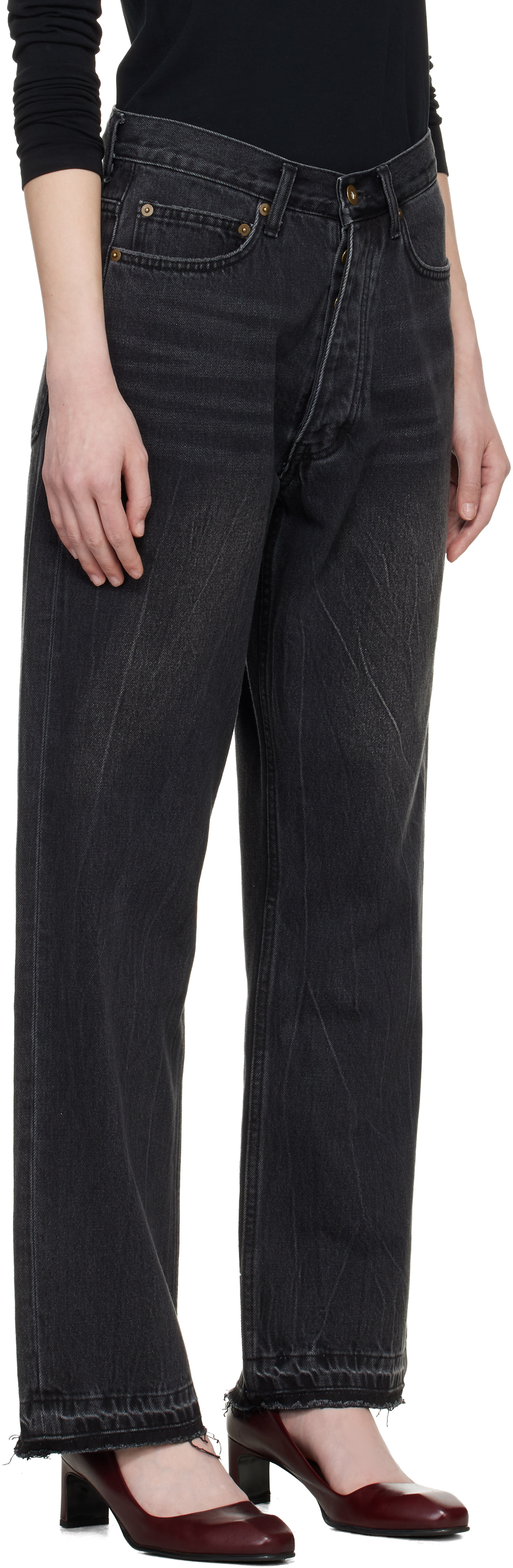 Black Frayed Hem Loose Straight Denim Jeans