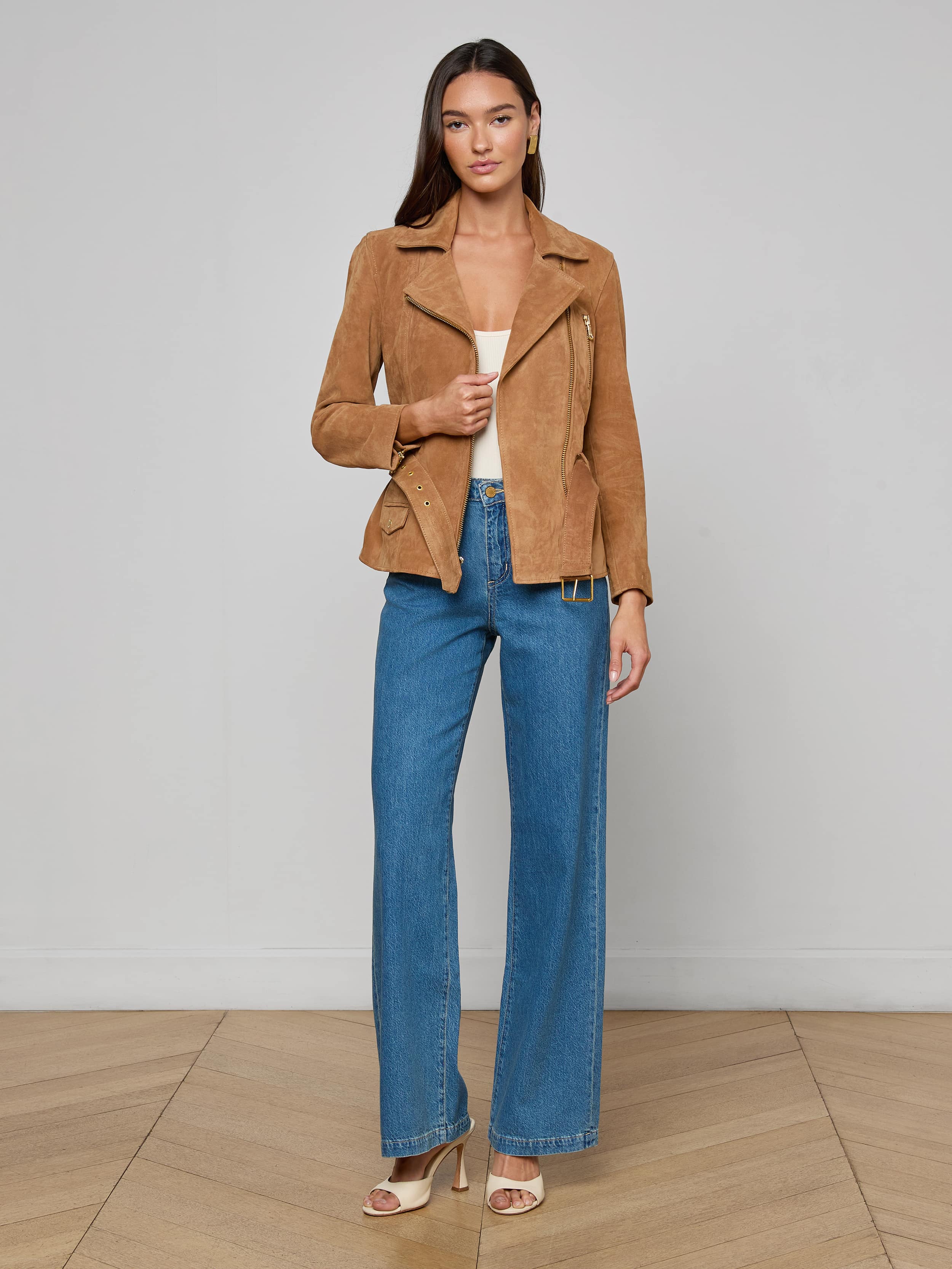 Dinah Suede Biker Jacket In Dark Chai Latte