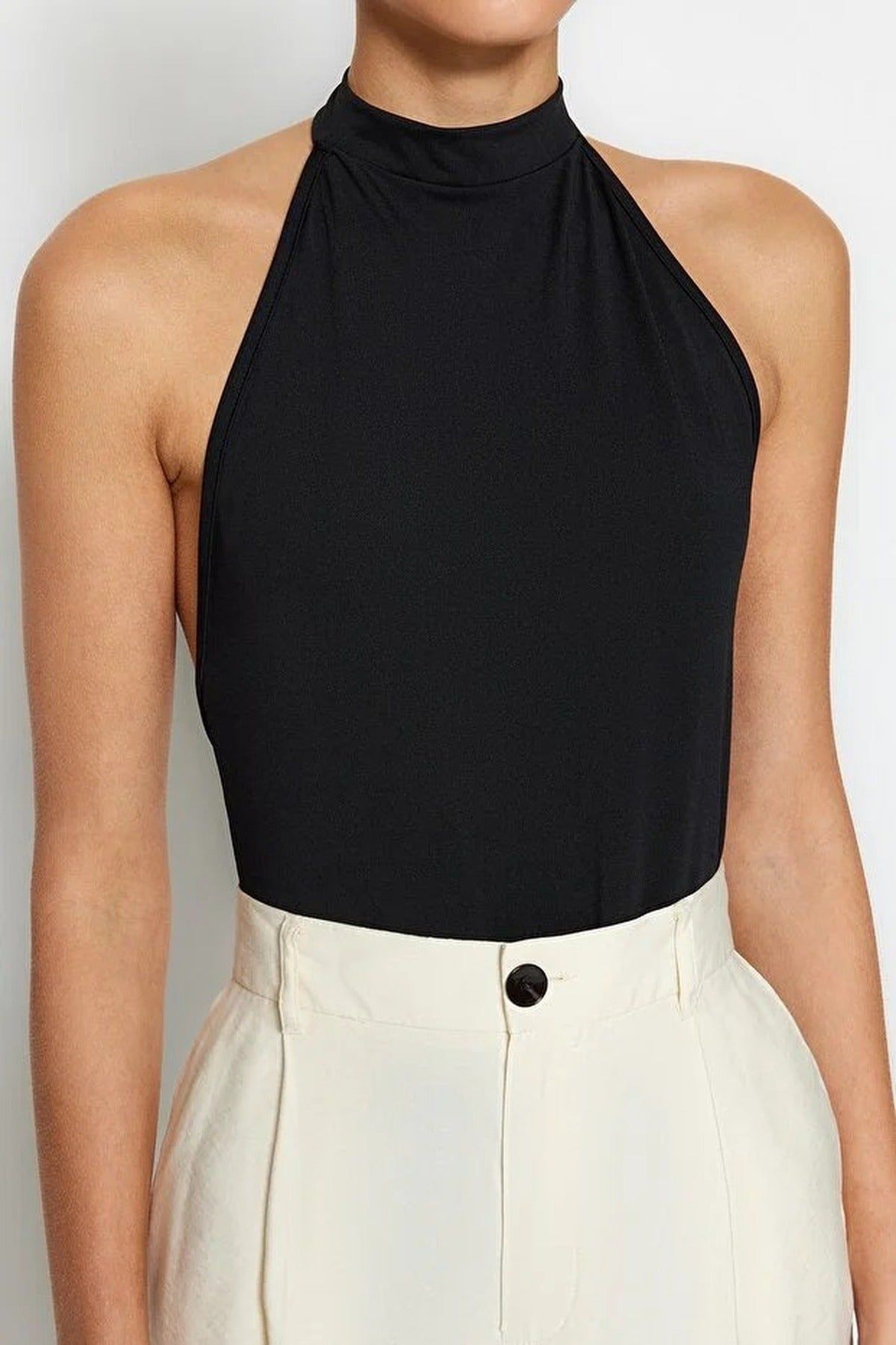 Wovcor Tie Neck High Halter Slim Fit Stretch Bodysuit Top In Black