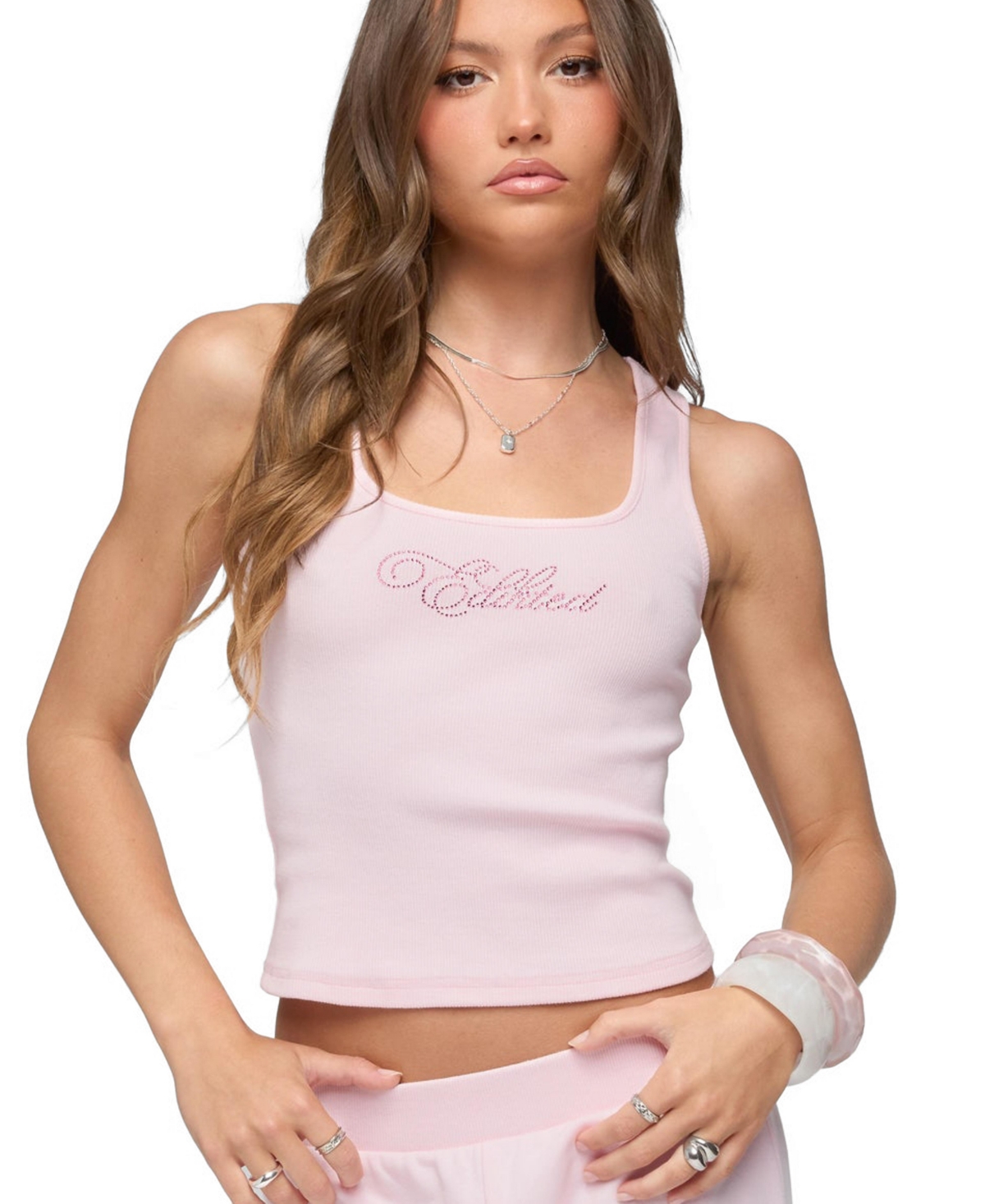 Women's Studio Rhinestone Ribbed Tank Top - Light-pink
