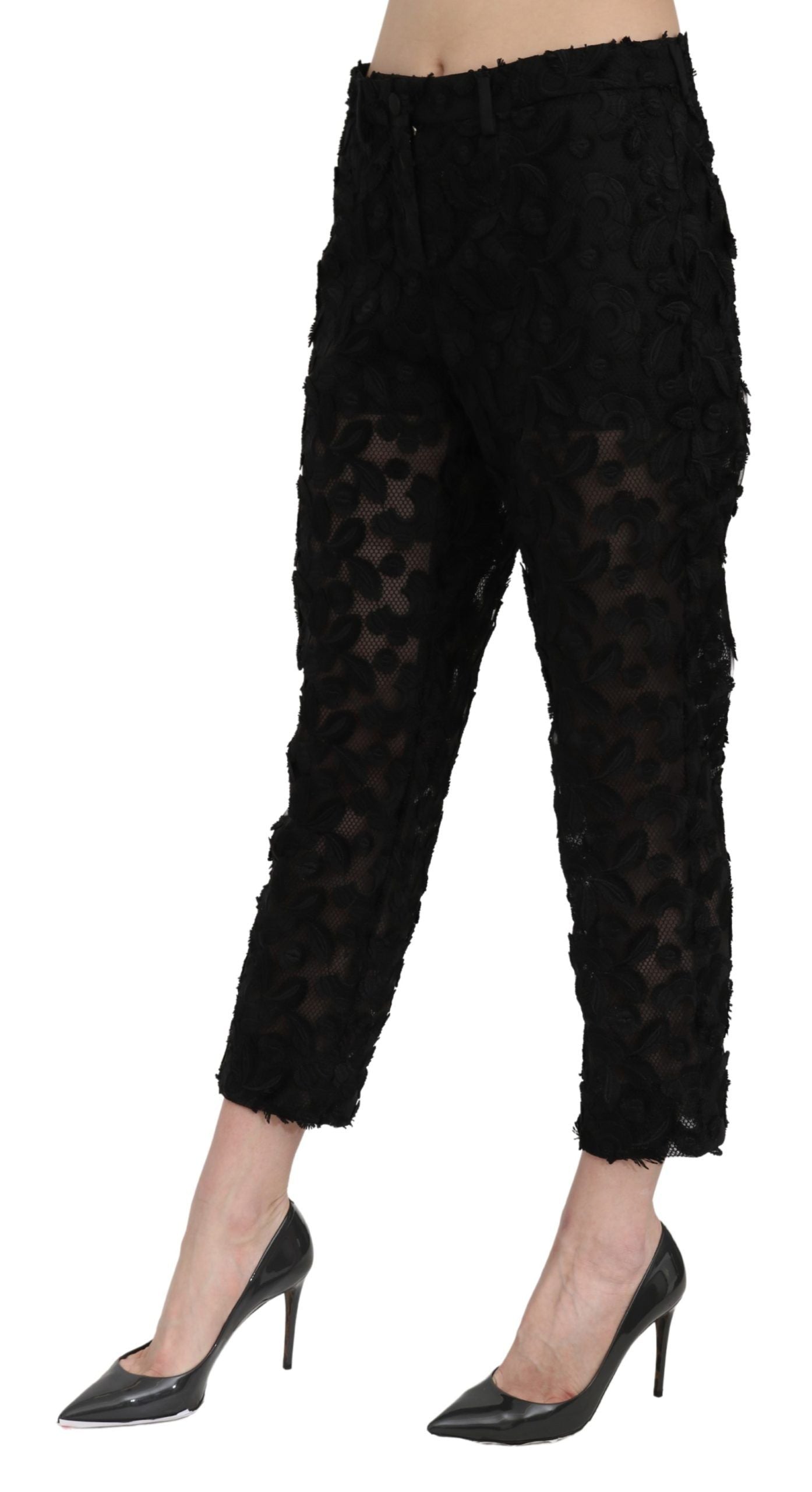 Lace Cropped High Waist Trousers — Black