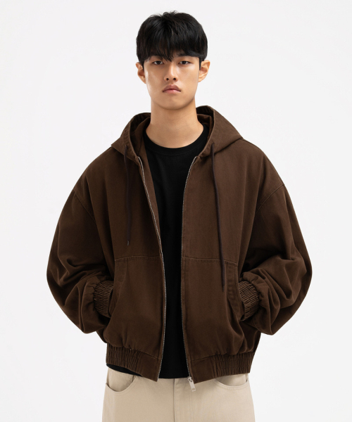 Light Beige Cropped Hooded Zip-Up Work Jacket