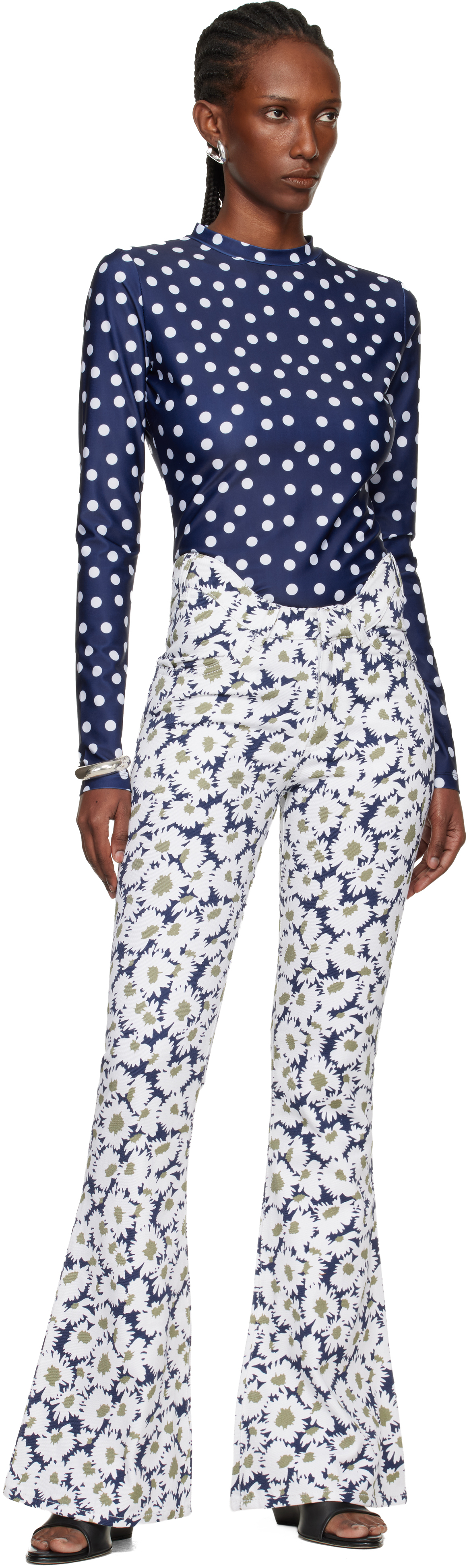 White & Navy 'The Curved Flower' Jeans