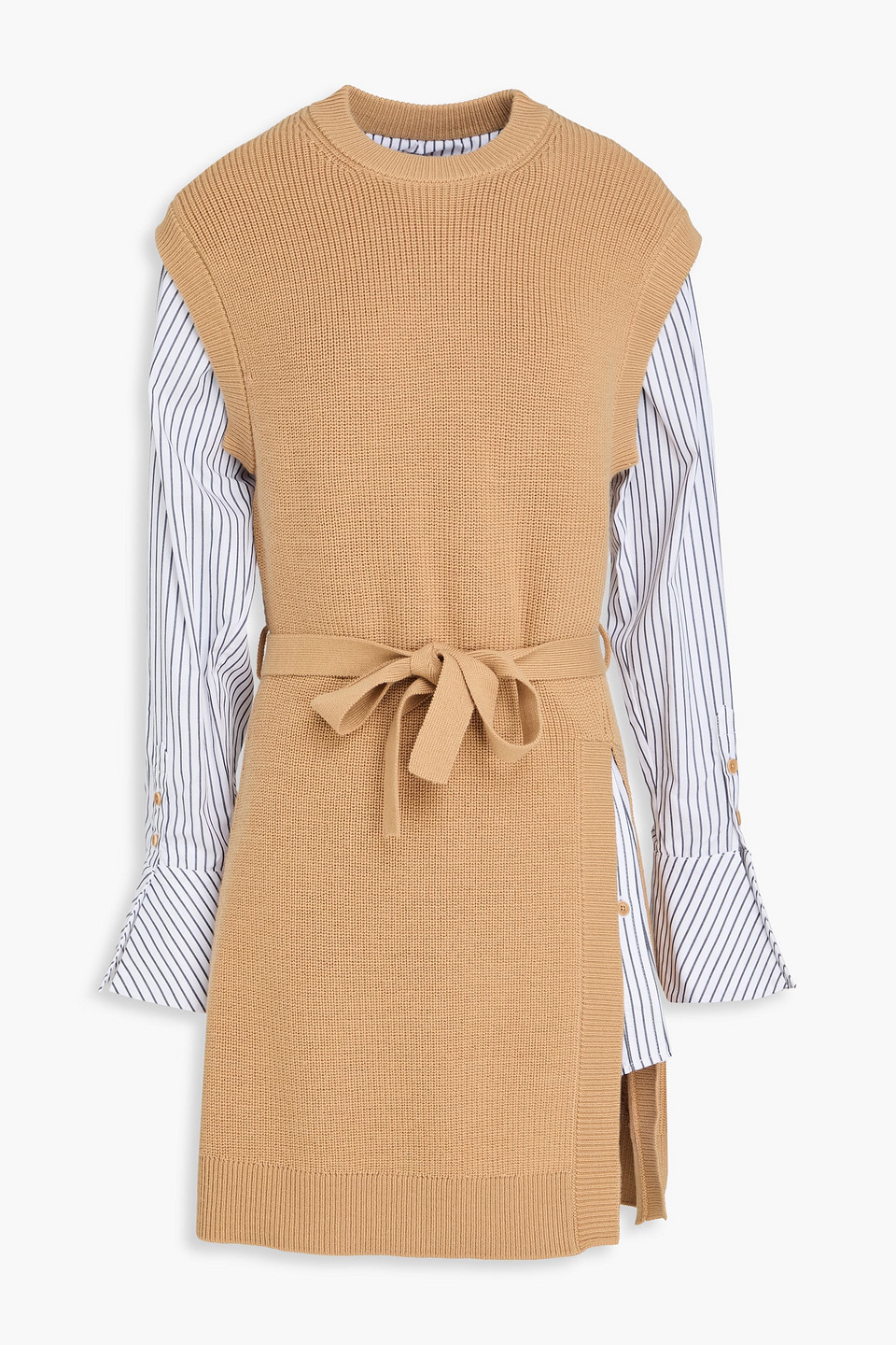 Layered striped poplin and wool-blend mini dress - Brown - S