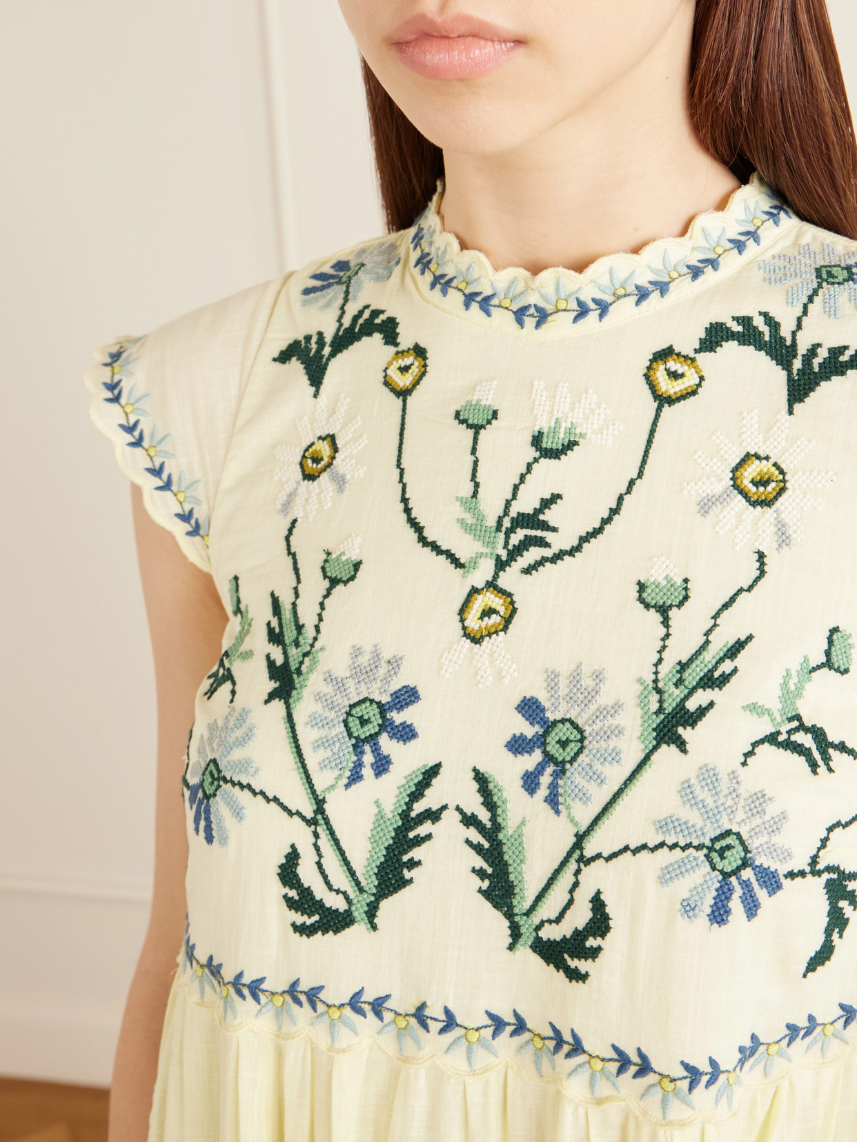 Audra Embroidery Cotton Midi Dress - Yellow