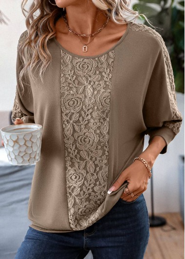 Modlily Lace Light Coffee Patchwork T Shirt