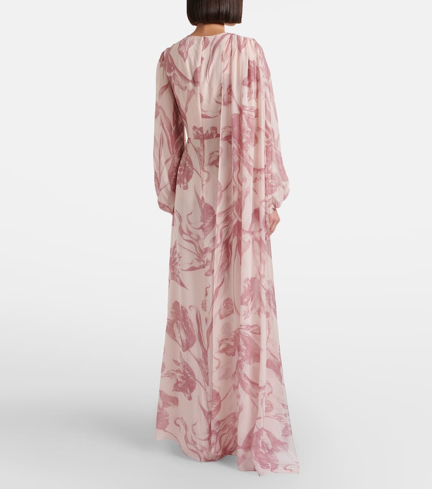 Draped floral silk voile gown