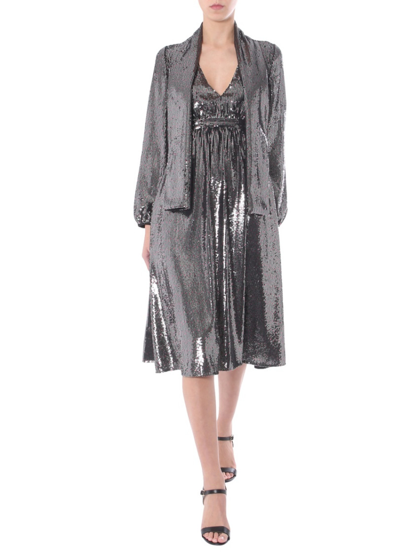 Silver Embellished V Neck Midi Dress