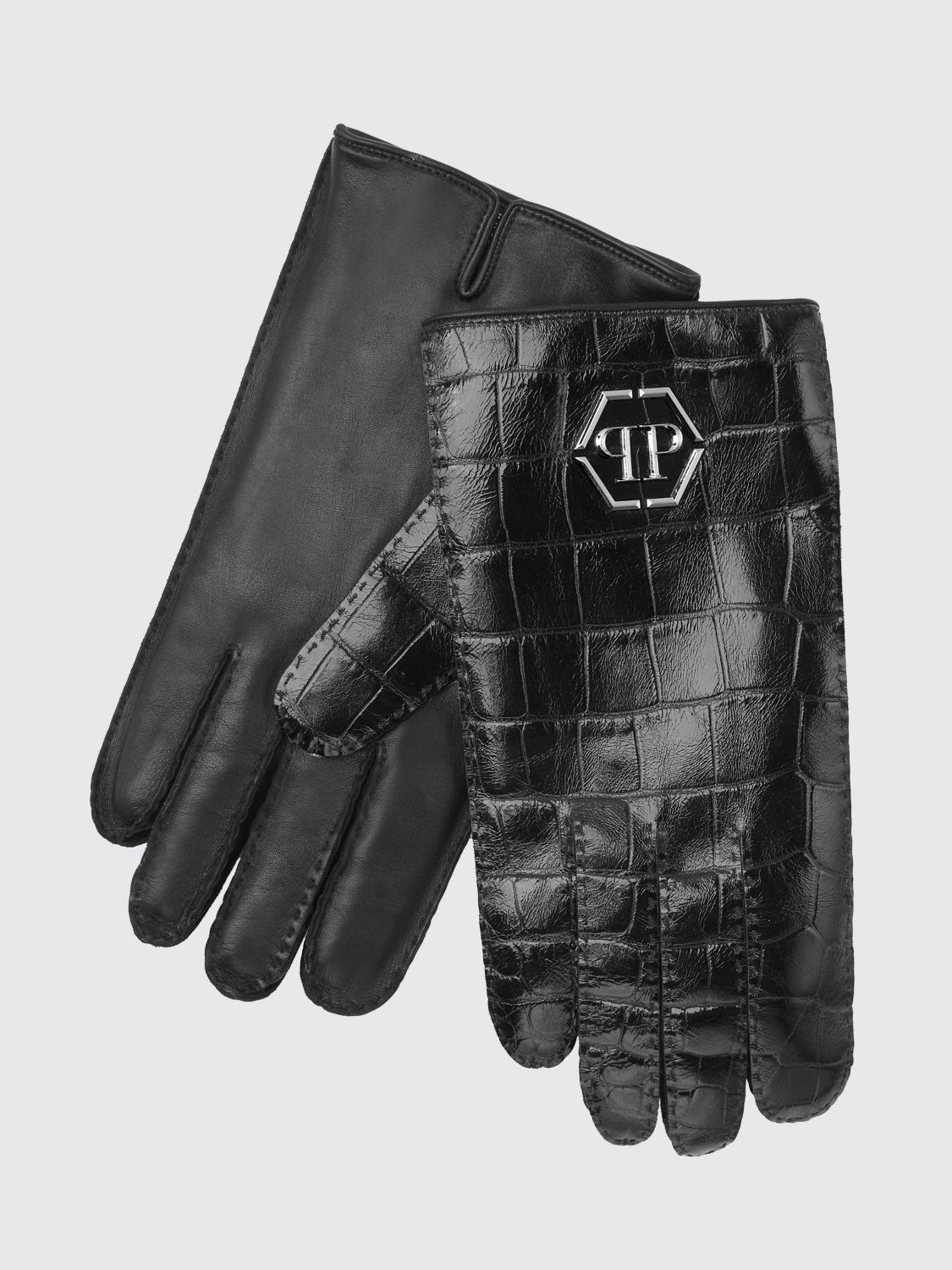 Crocodille-effect leather gloves - Black